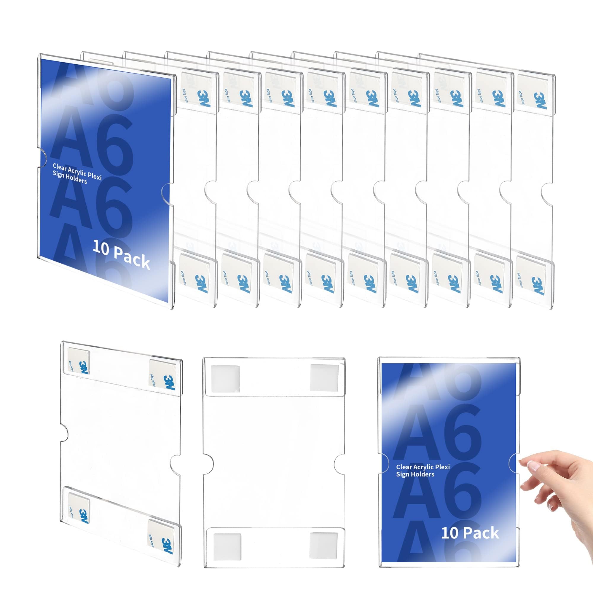 A6 Clear Acrylic Sign Holders with 3M Tape, Wall Sign Memo Document Menu Holder for Office, Home, Store, Restaurant-No Drilling (10 Pack)