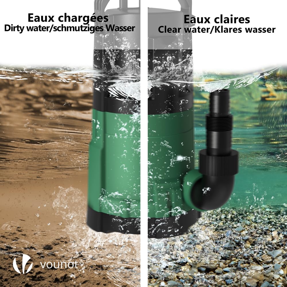 VOUNOT® Bomba Sumergible 3 en 1 para Aguas Limpias, Aguas Residuales y Bodega de Baja Succión, Bomba de Aguas Sucias Máx. Prof Inmersión 7m 13500l/h, con Interruptor de Flotador Cable Alimentación 10m