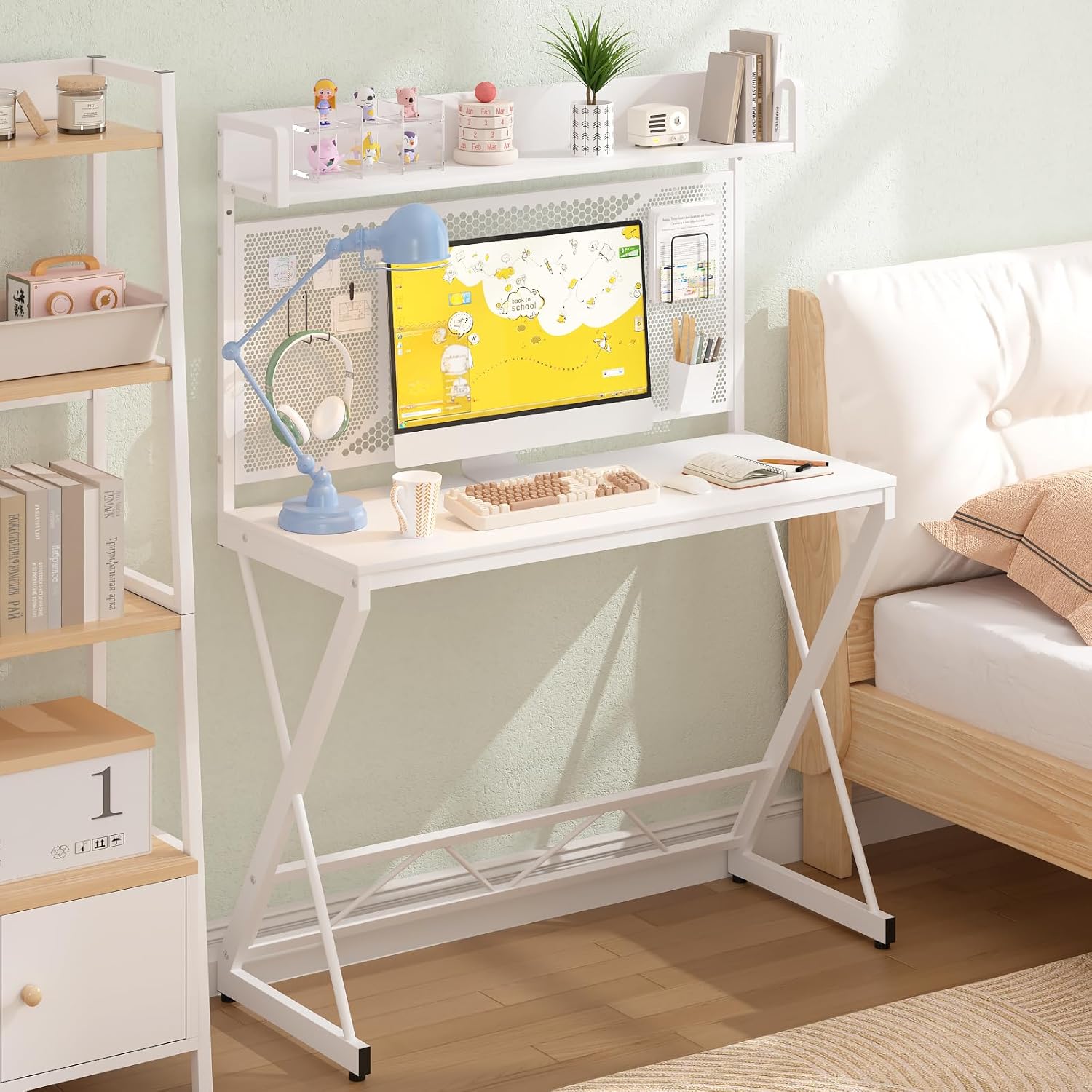 Elephance Small Gaming Desk with Pegboard, 39 Inch Computer Desk with Storage Shelves, Modern Office Desk for Study Work Home Office, Small Spaces, White