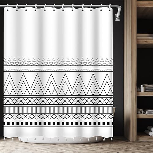 RiePoiia Juego de cortina de ducha bohemia abstracta tribal geométrica con borlas, decoración de baño, tela de poliéster impermeable con 12 ganchos,