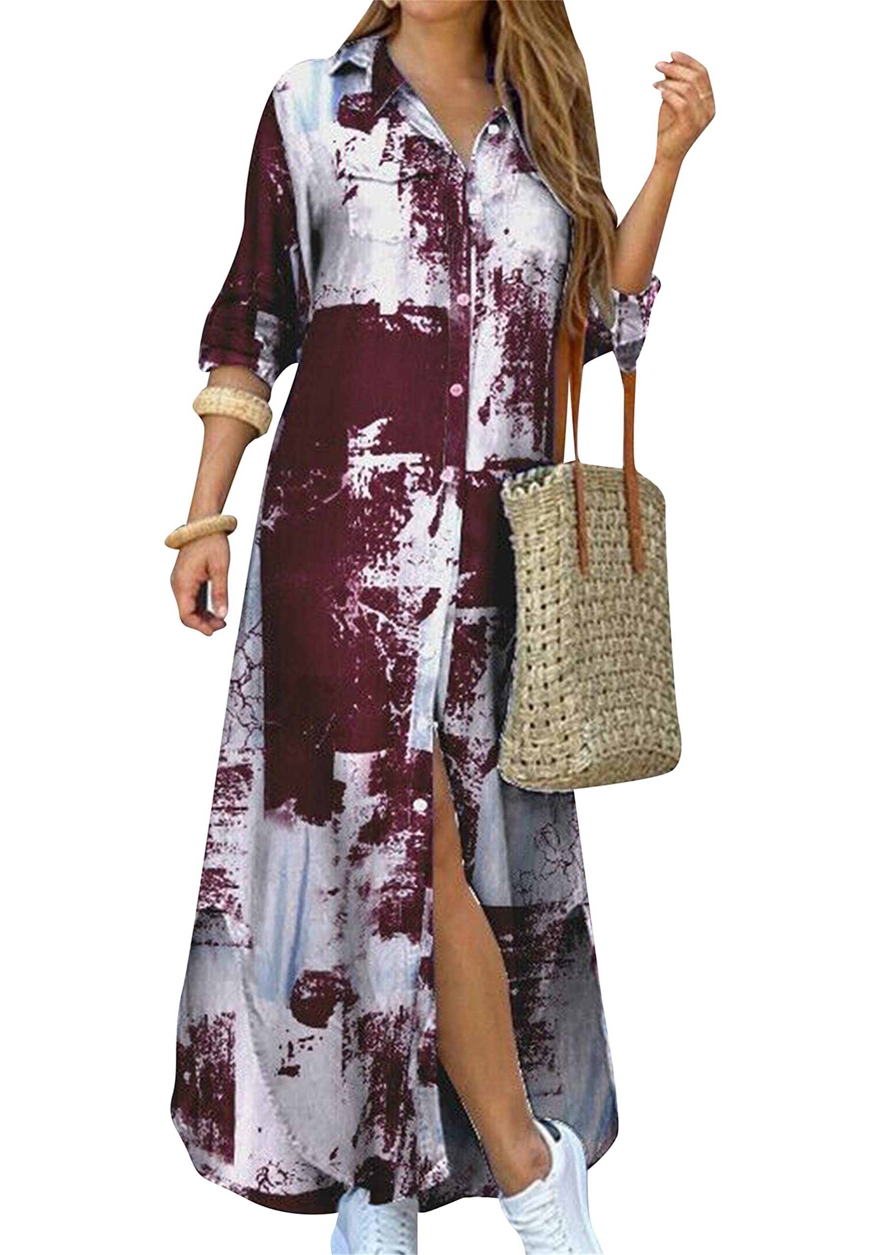DIACACY Women's Casual Lapel Collar Floral Print Maxi Dresses Side Slit Long Sleeves Loose Slim Shirt Dresses