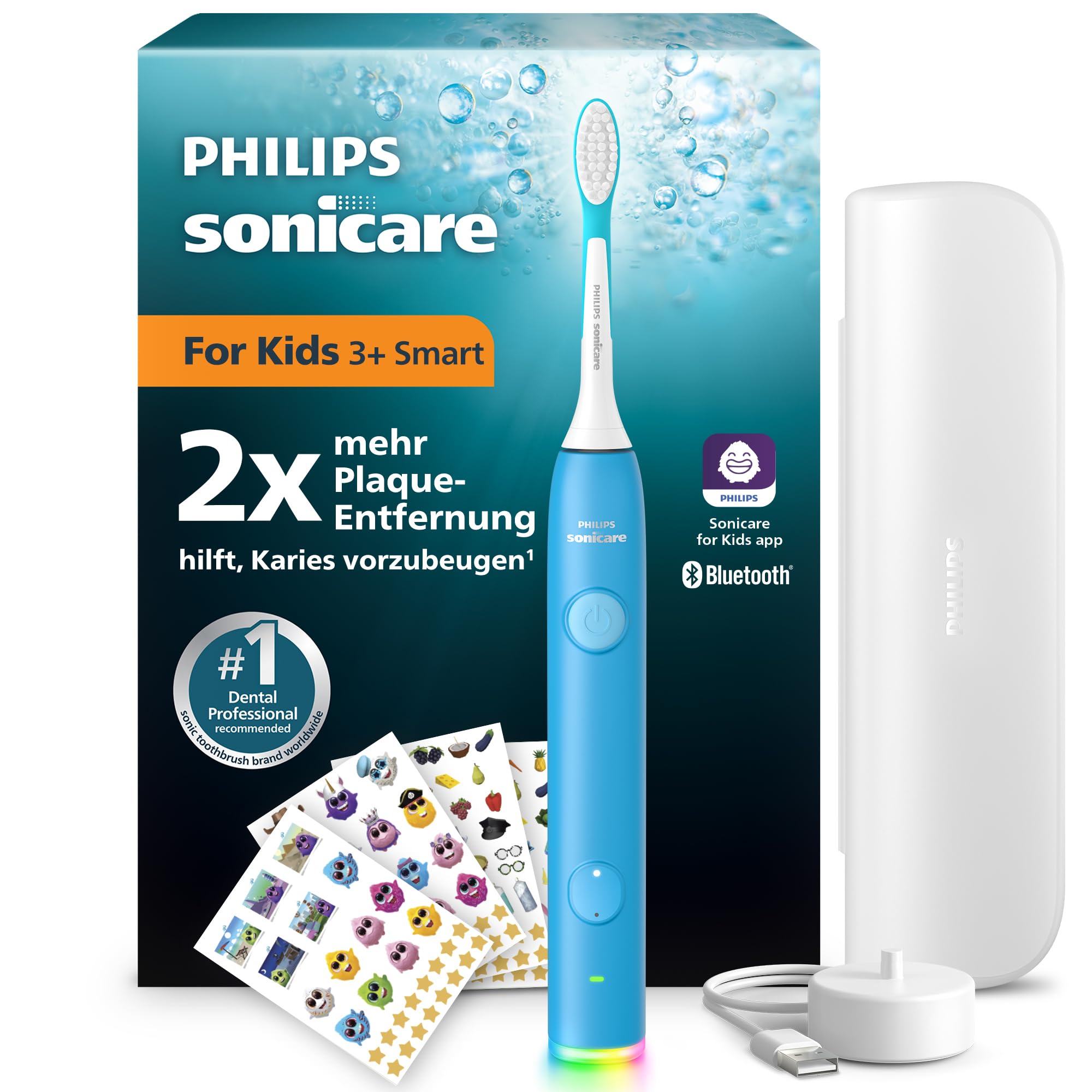 Philips Sonicare for Kids Smart elektrische Zahnbürste – Schallzahnbürste mit App, für Kinder 3+, 2 sanfte Putzprogramme, 2-Minuten-Timer, 2 Bürstenköpfe (Standard + Mini), Blau, Modell HX6600/52
