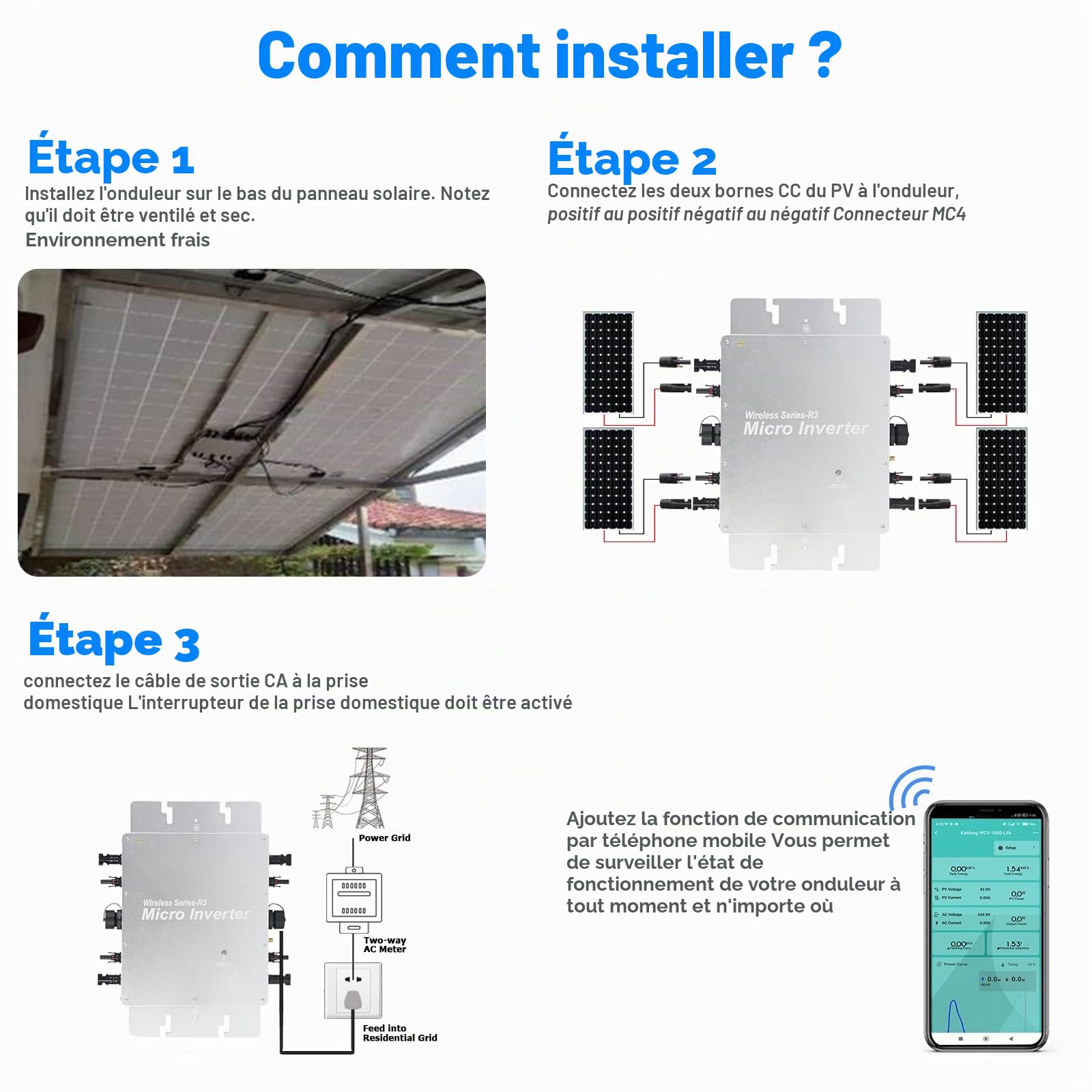 Micro onduleur Micro onduleur Solaire MPPT Grid Tie Converter avec système de Surveillance de téléphone Portable WiFi(WVC-1600W)