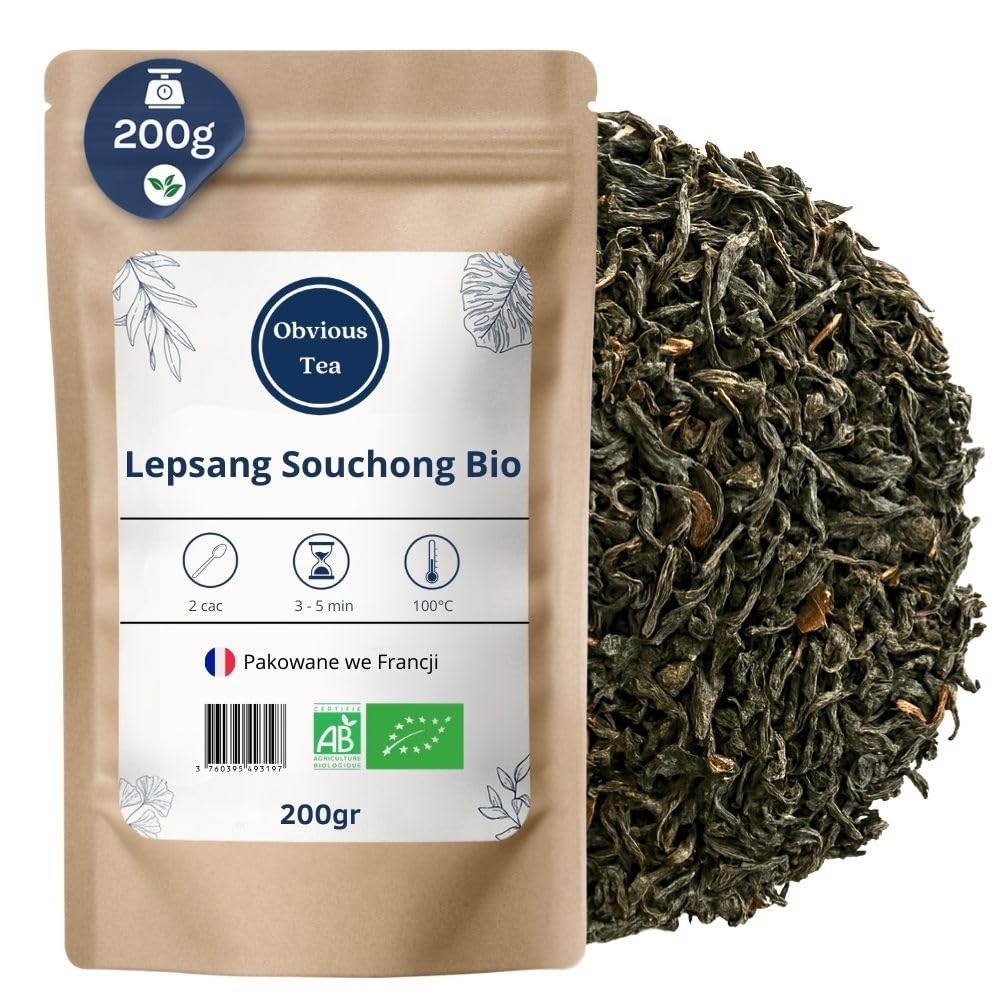 Organiczna wędzona herbata Lapsang Souchong – sypana czarna herbata wegańska, w 100% naturalna, bez GMO – z upraw ekologicznych – pakowana we Francji – woreczek 200 g (100 filiżanek)