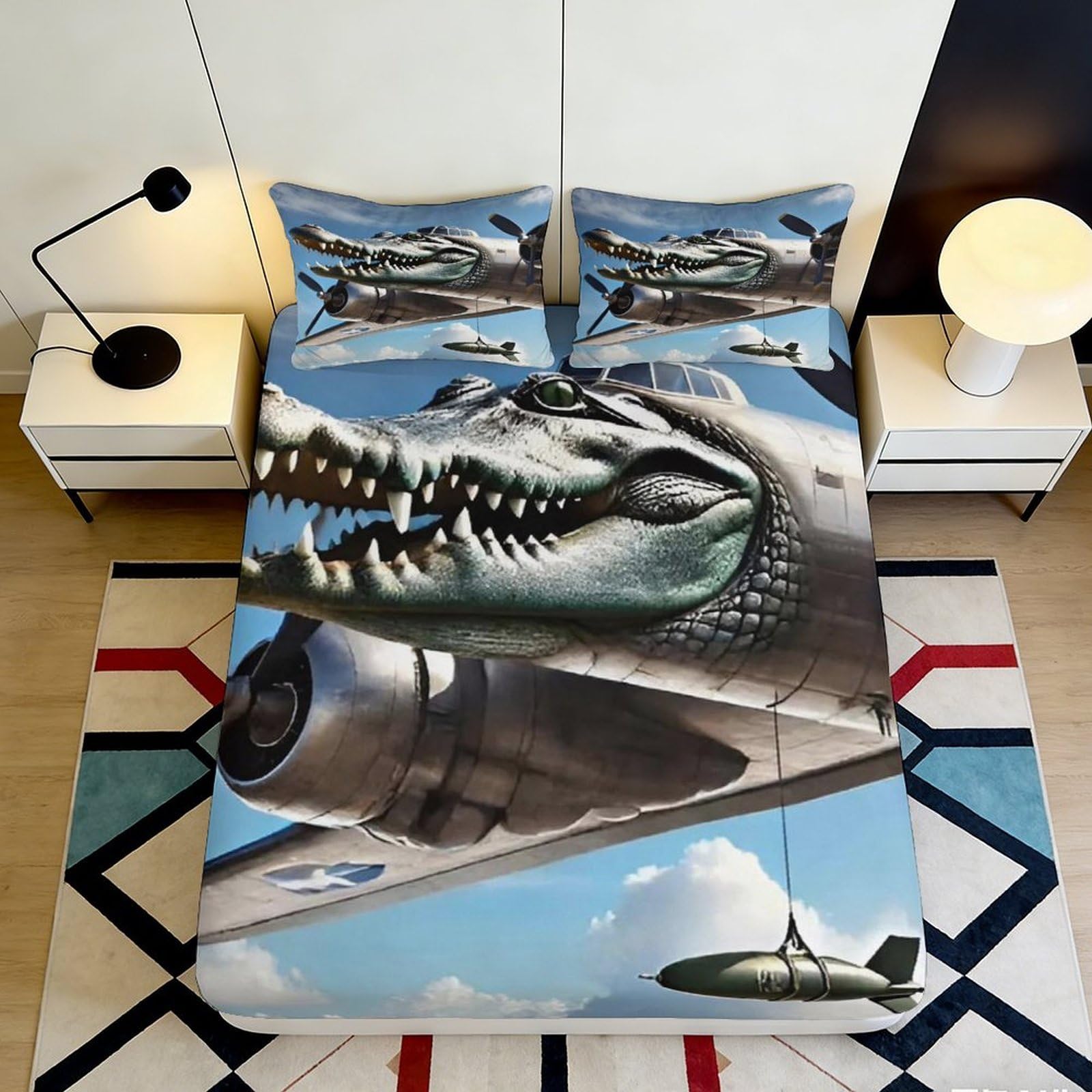 Dhbaneiok Style-7 3D Printed Warplane Shark Fitted Sheet Microfiber Soft Breathable Fighter Aircraft Bed Cover For Bedroom Dorm Decor 90X200x25cm