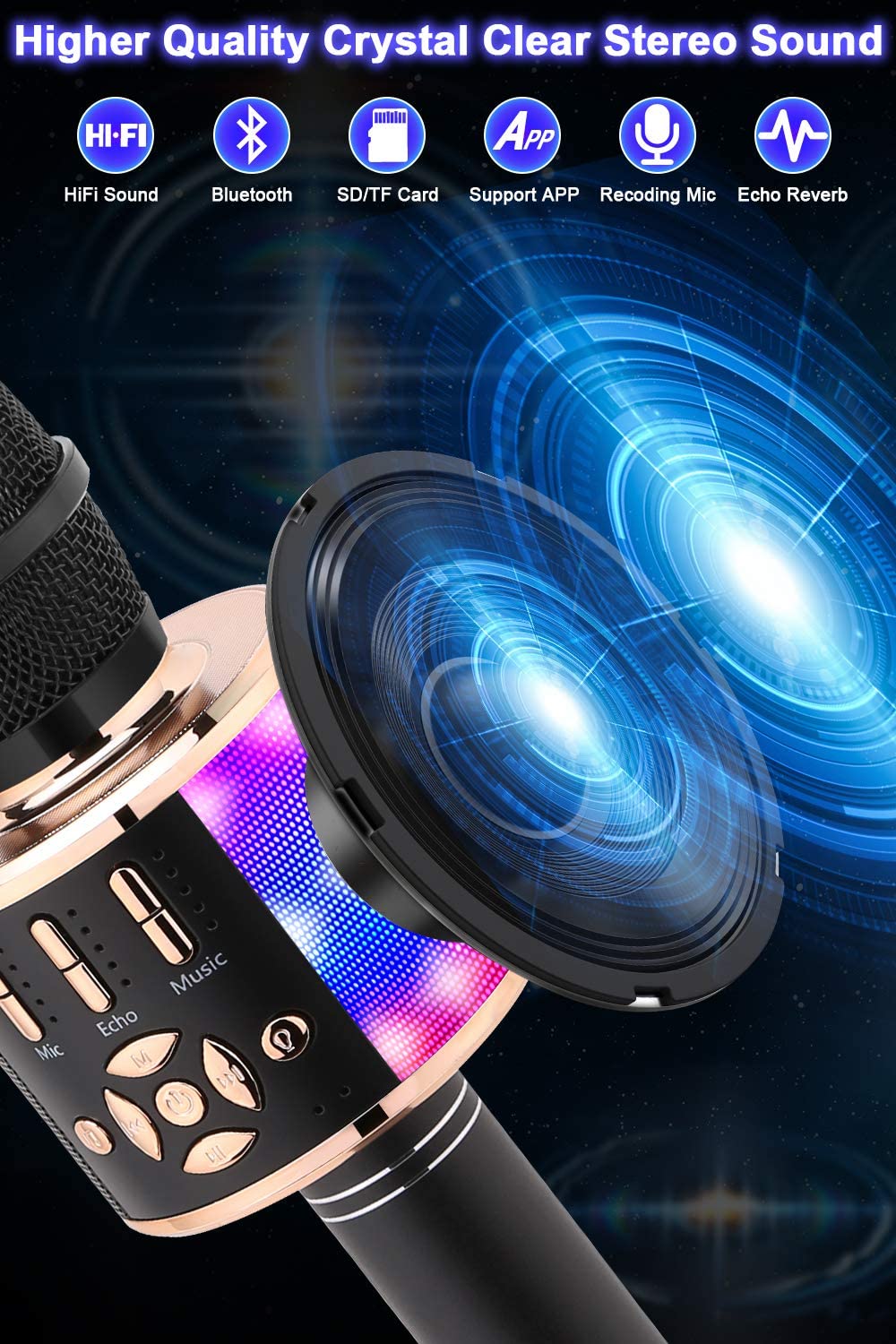 BONAOK Microfono per Karaoke Senza Fili, Microfono per Karaoke con suono magico, Macchina per Karaoke Bluetooth 4 in 1, microfono per Karaoke, per Feste/all'aperto/Viaggi (Oro Nero)