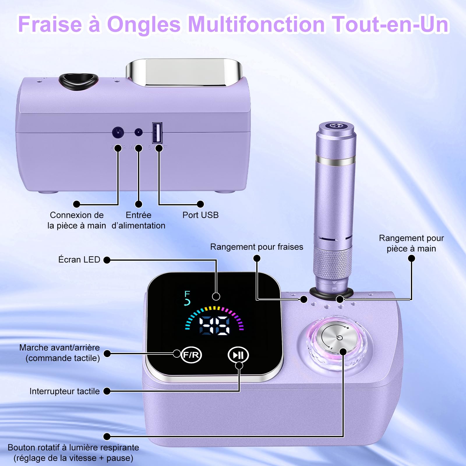 Ponceuse pour Ongles Professionnelle 45000 RPM,12 en 1 Lime a Ongle Electrique Portable,Ponceuse Ongles avec Écran LCD & Support,Lime à Ongle Electrique Silencieux,Conçu pour Les Salon,Violet