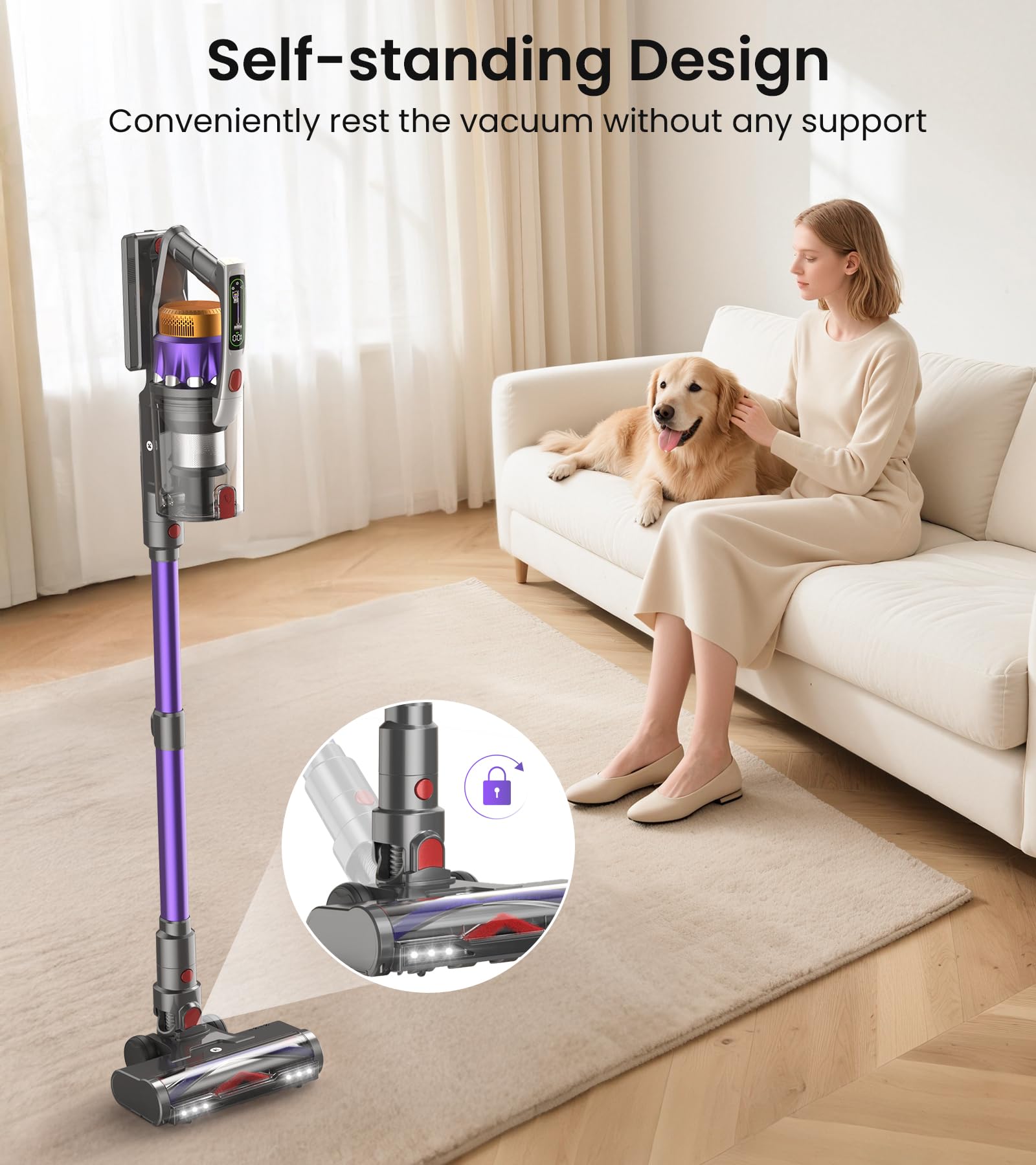 NADALY Cordless Vacuum Cleaner, 650W 55KPA 70Mins Vacuum Cleaners for Home, Anti-Tangle, Self-Standing Stick Vacuum Cordless Rechargeable, Lightweight Vacuum for Hardwood Floors/Pet Hair/Carpet - image 4