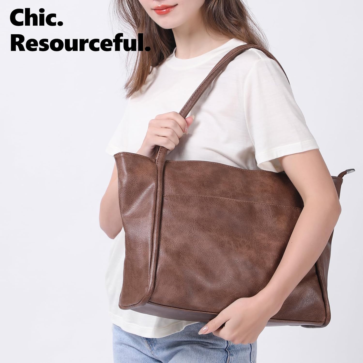 Large Tote Bag for Women Work with Zipper 16L Vegan Leather Ladies Travel Purses and Handbags Dark Brown - Image 3