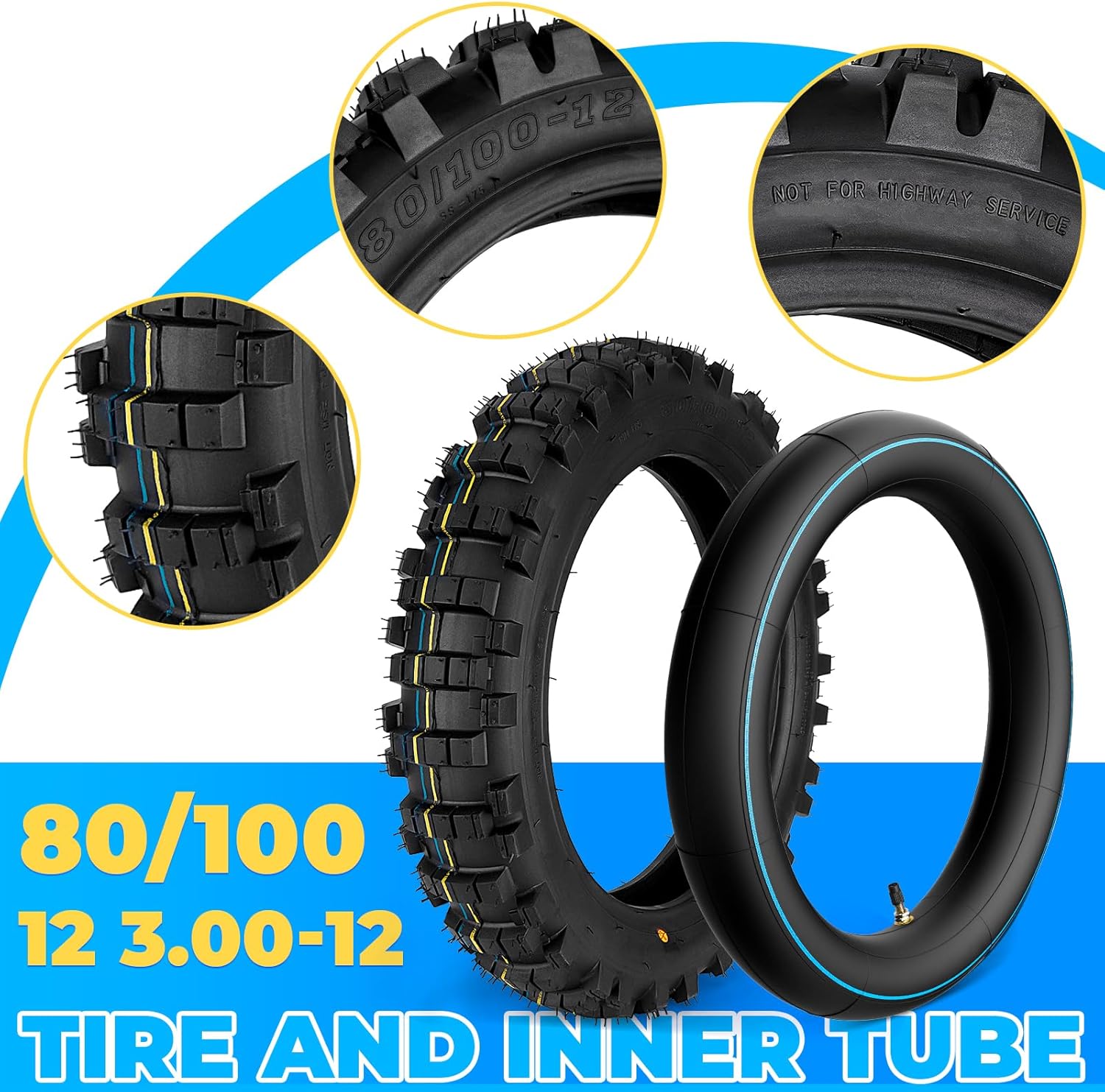 80/100-12 Dirt Bike Tire,3.00-12 Dirt Bike Tire & Inner Tube Set,for 90cc 110cc 125cc CRF70 KLX110 TTR90 PW80 SSR Coolster Off-Road Motocross Motorcycle