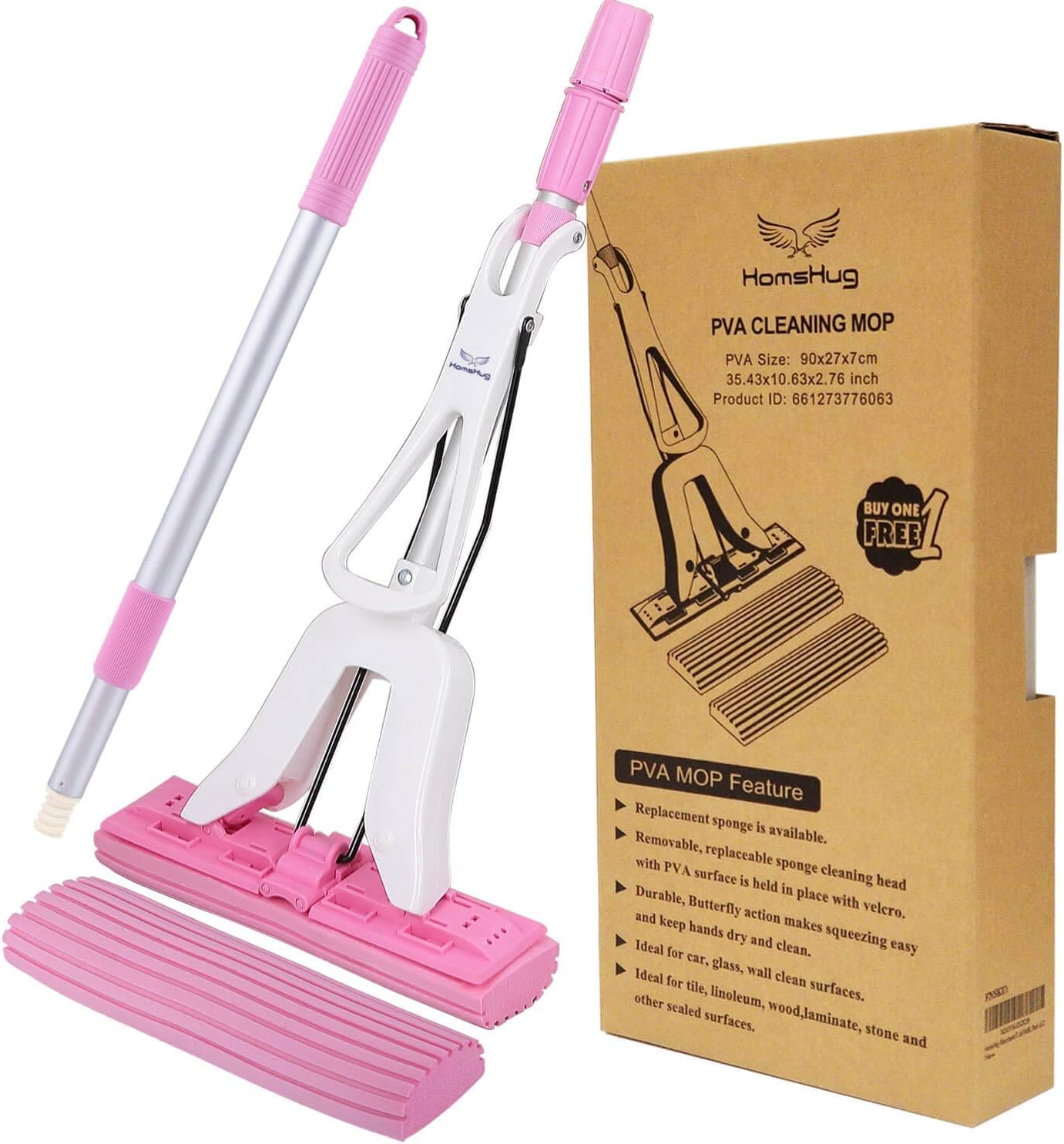 PVA Sponge Mop with 2 Absorbent Mop Head Refills Adjustable Extension Wringer Handle Easy Clean for Hardwood Floor Kitchen Home Cleaning
