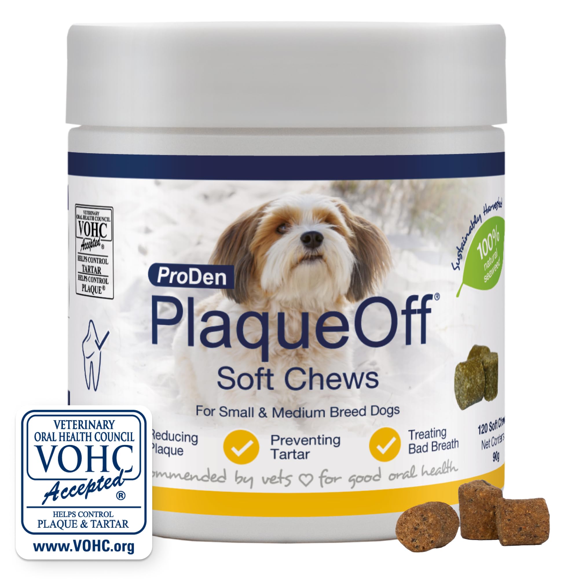 120 Soft Chews | Natural Plaque, Tartar & Bad Breath Remover for Small or Medium Dogs | Works Systemically Not by Abrasion or Chewing