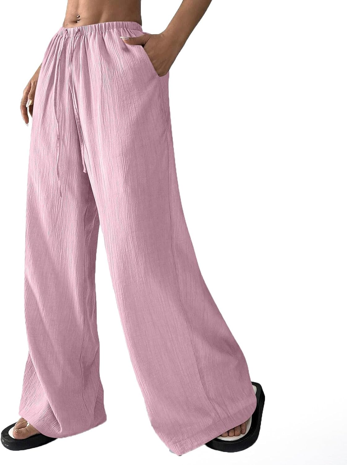 Elastic Waist Pants for Women Summer Trendy Palazzo Pants Flowy Wide Leg Beach Comfy Trousers Pants with Pockets