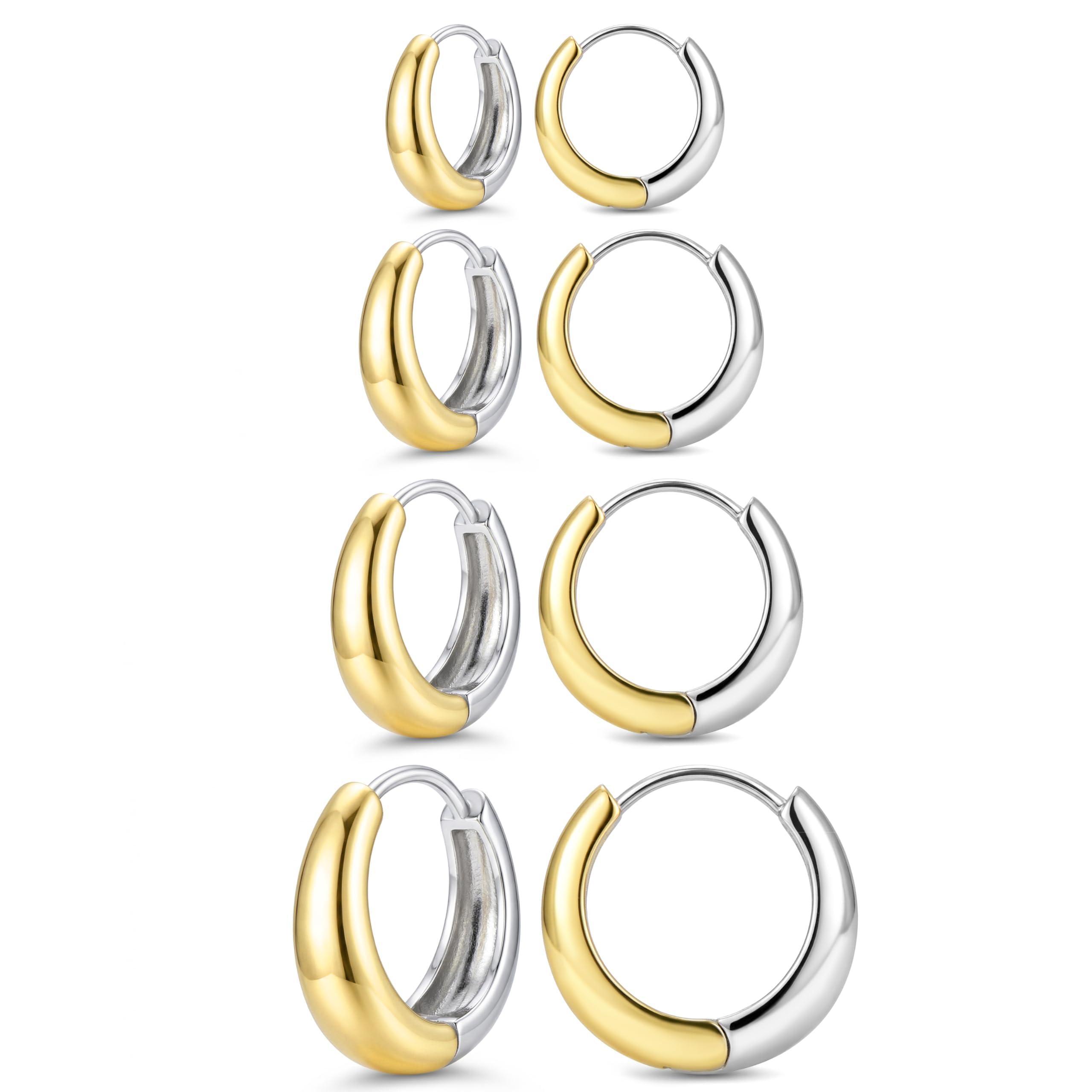 Two Tone Gold Chunky Huggie Hoop Earrings Set for Women Men Hypoallergenic 14K Plated Stack Cartilage Earrings, Sterling Silver Multiple Piercing Lightweight Mini Thin Dainty Trendy Jewelry Gift