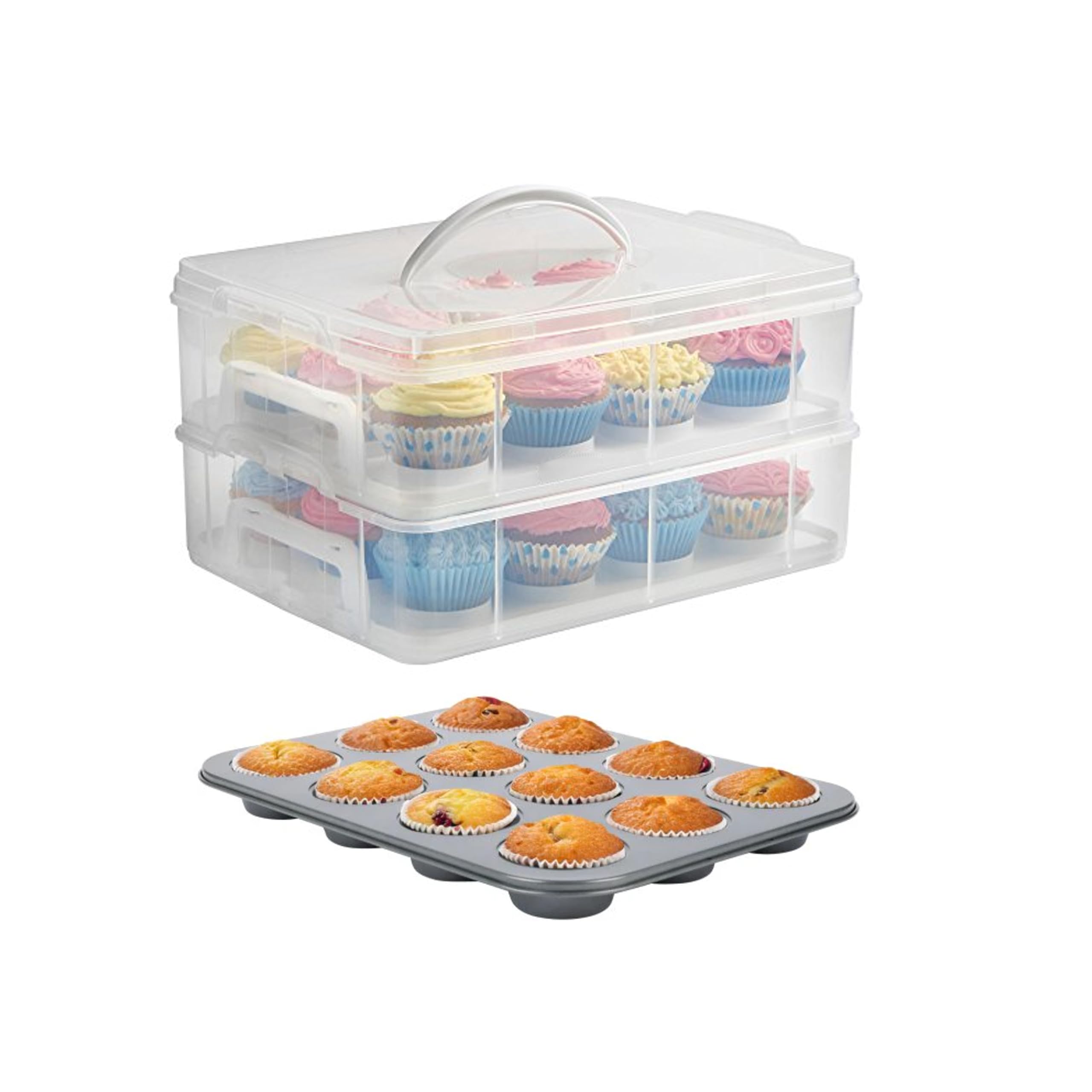 Wolfcut Muffin Backset mit Muffinform für 12 Muffins + Transportbox für 24 Cupcakes – Antihaft Backform aus Metall – Aufbewahrungsbox mit Griff – BPA-frei – ideal für Muffins, Cupcakes