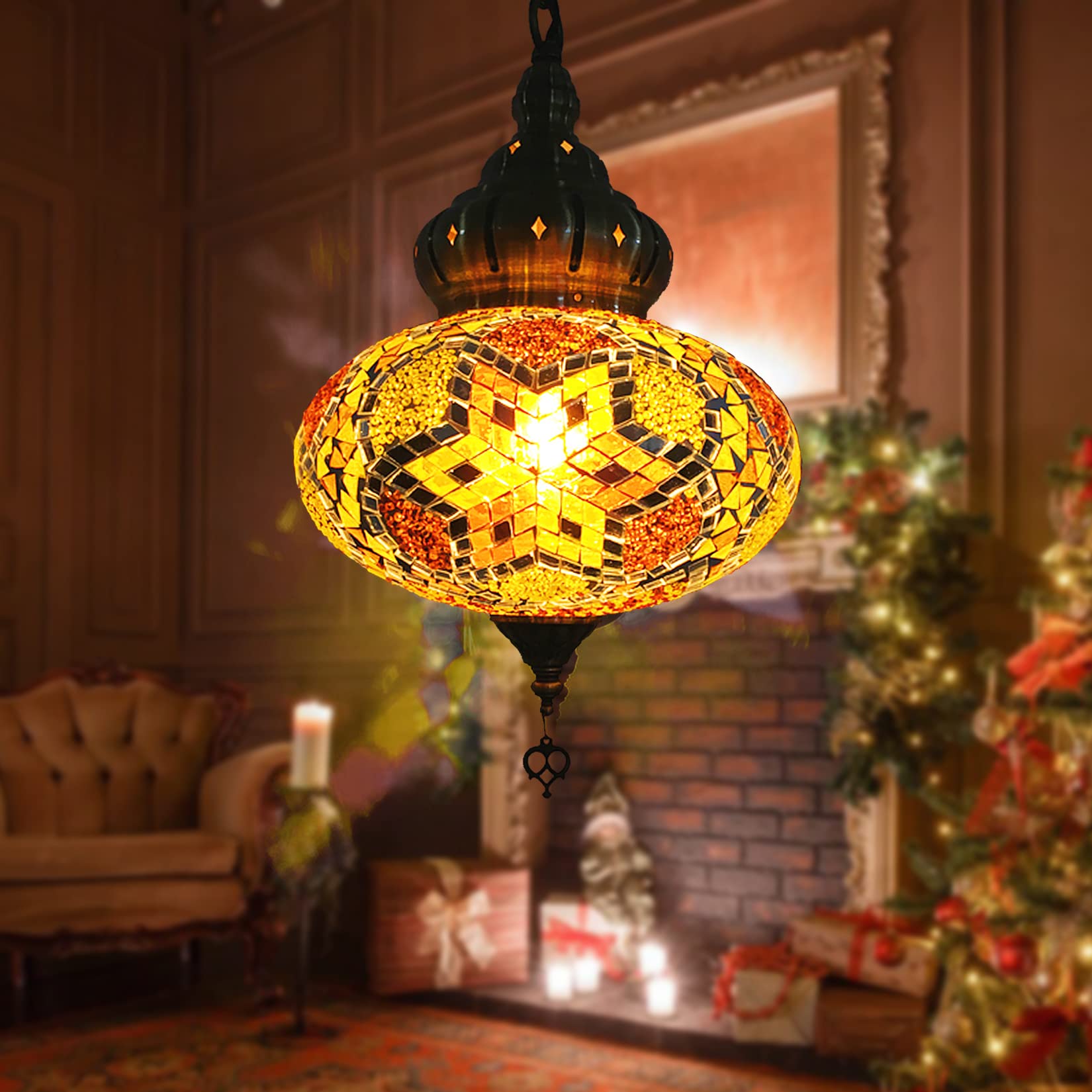 Botowi Gold A (12 Colors) Hanging Ceiling Mosaic Lamp Light Chandelier, Turkish Moroccan Pendant Lights, Multicolor Decorative Colorful Glass Globe Fixtures Living Room Bedroom Home Decor,
