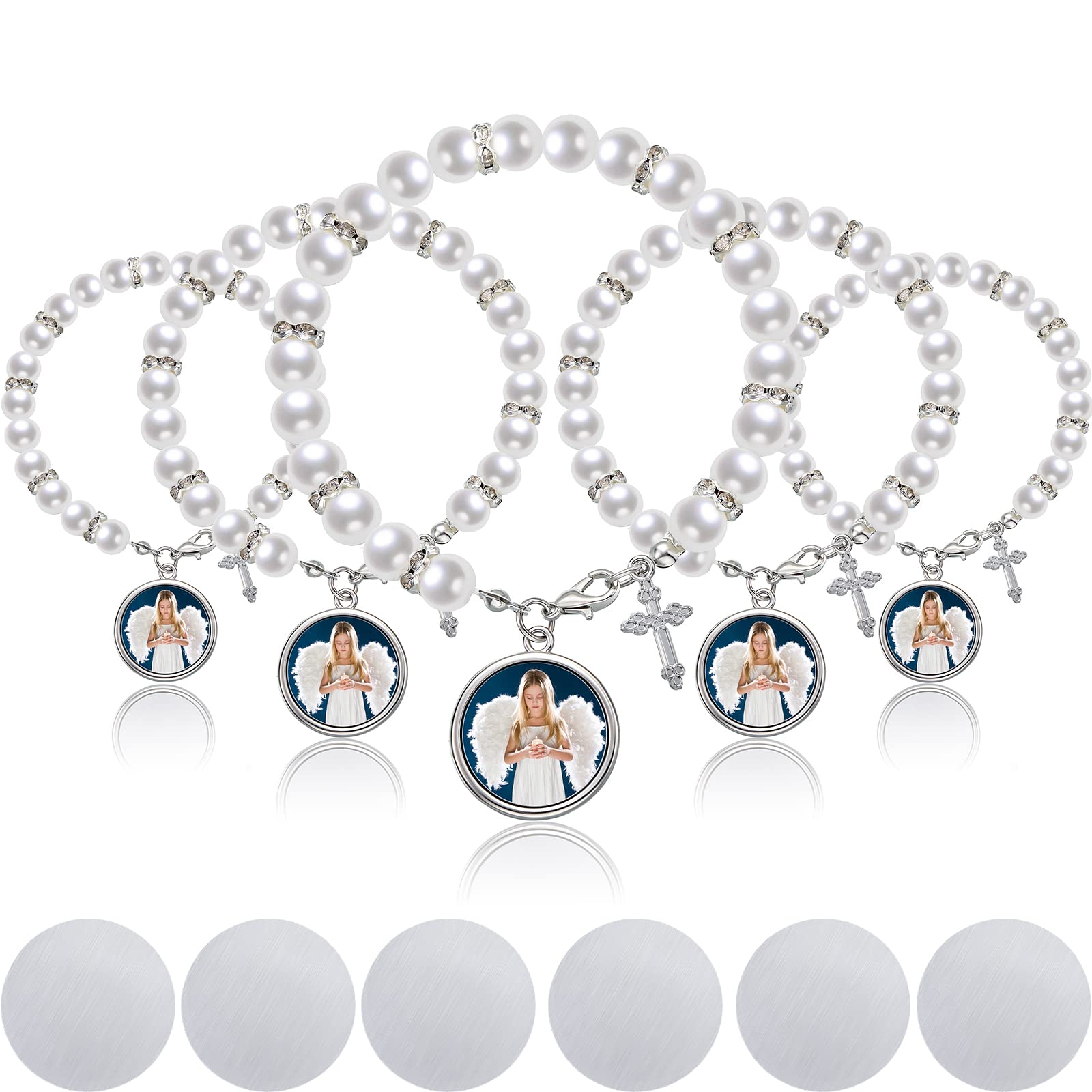Photo 1 of 12 Pieces Sublimation Rosary Blank Bracelets for Baptism Imitation Rosary Beads Bracelets Cross Charm Heat Transfer Blank for catholic Baptism First Communion Catholic Gifts Shower DIY Jewelry Making