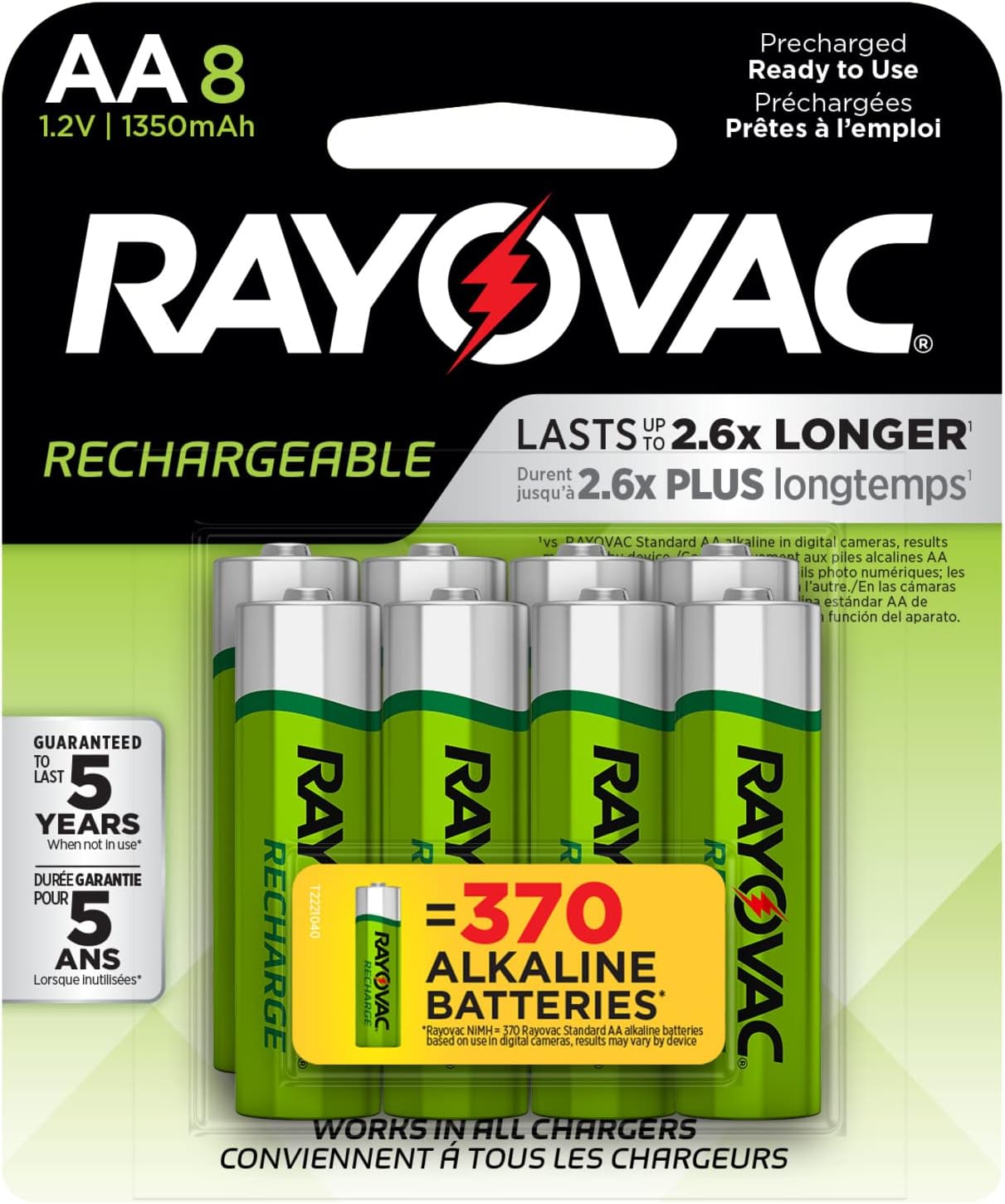 RAYOVAC Rechargeable AA Batteries (8 Pack), NiMH Double A Rechargeable Batteries