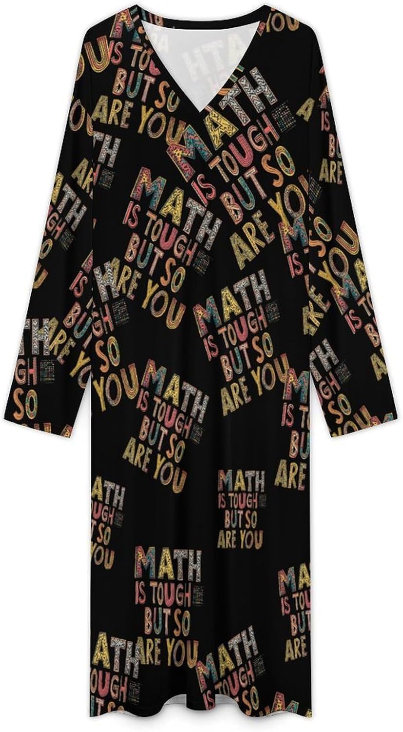 Funny Math Geometric Prints Men's Kaftan Thobe V-Neck Robe Long Sleeve Gown Thobe for Home Outings