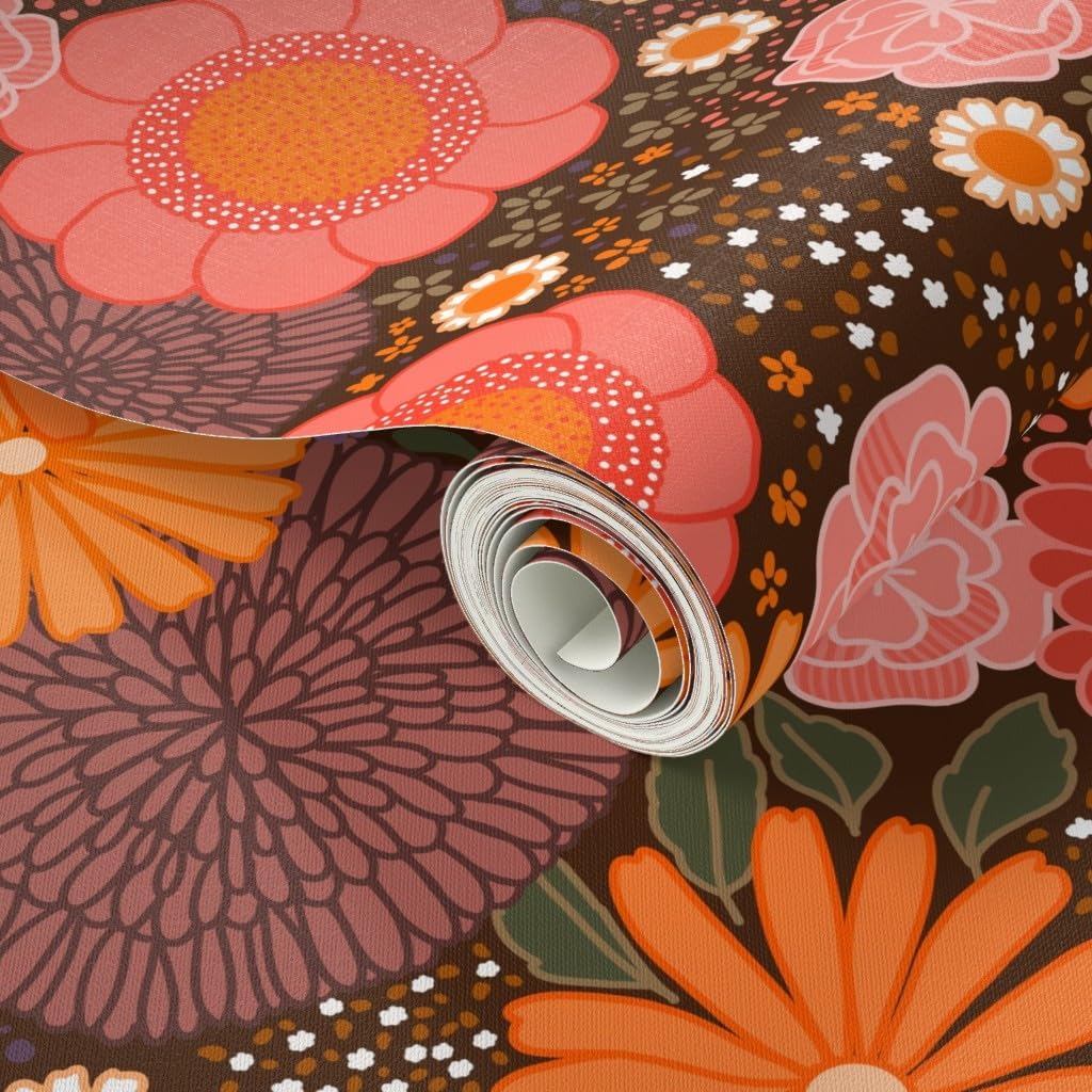 Spoonflower Peel & Stick Wallpaper 3ft x 2ft - 1970S Groovy Florals Brown Floral Retro Orange Daisy Custom Removable Wallpaper