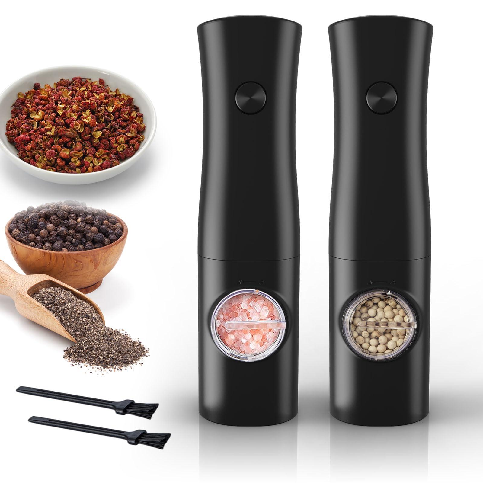 NinonlyAutomatic Electric Salt and Pepper Grinder Set 2PC Battery Operated Electric Salt and Pepper Mill Set Adjustable 5 Levels of Coarseness Pepper Grinder with LED Light for BBQ Resturant