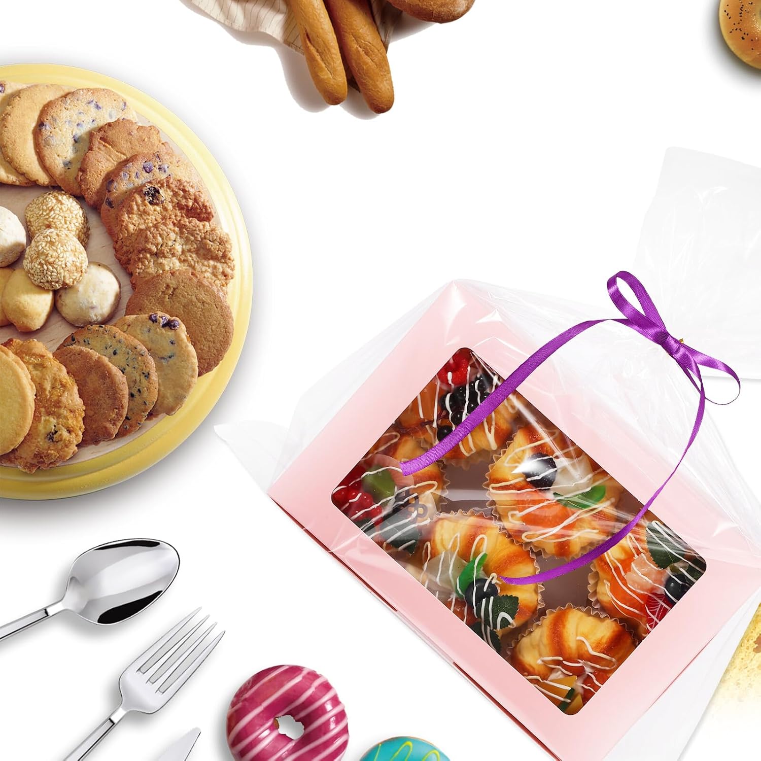 ARTSEWPLY 100pcs Cellophane Basket Bags 35x45cm with Mixed Color Metal Twist Ties and Purple Ribbon for Cookie Candy Dessert Snack Packaging and Wrapping Random Color