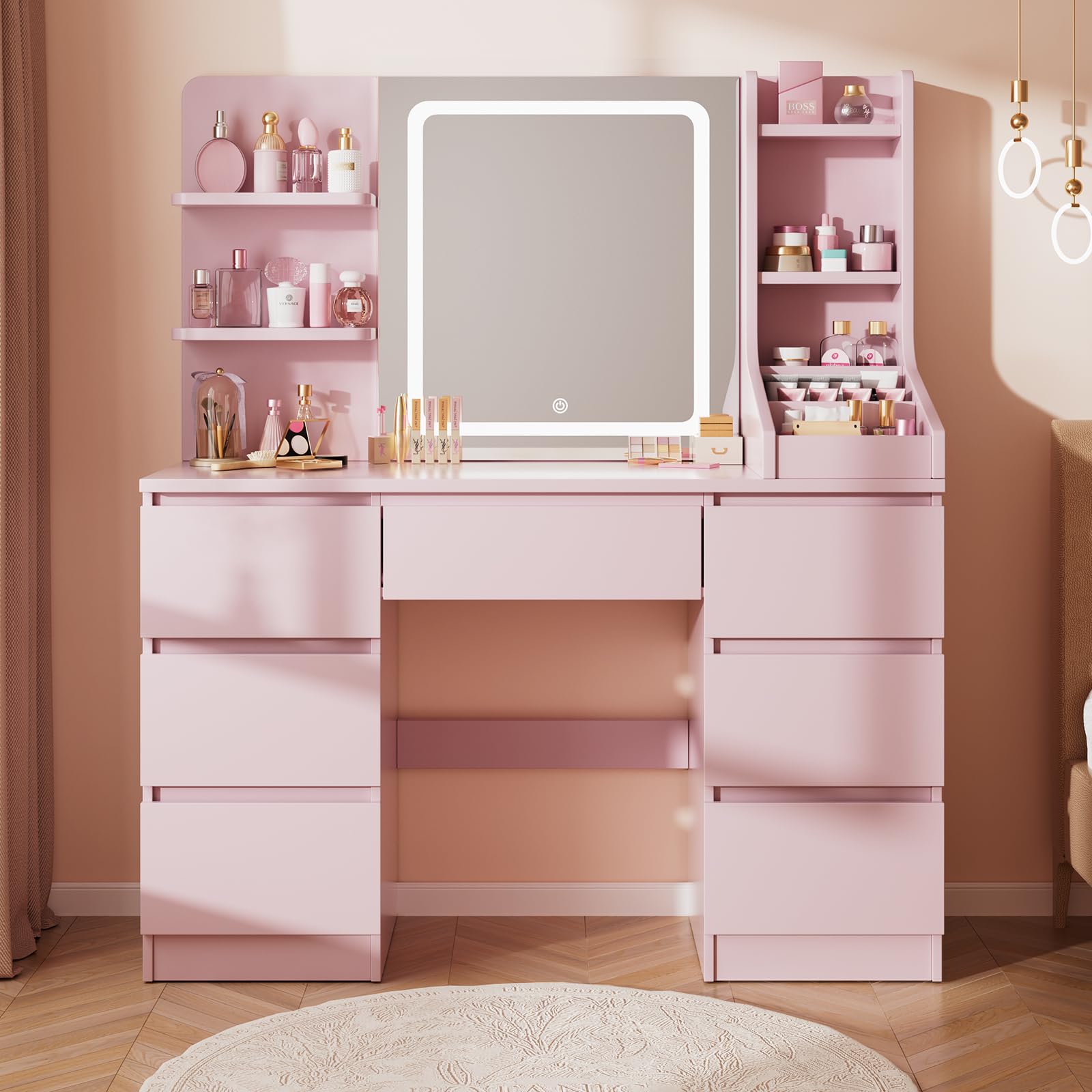 Airfish Dressing Table with LED Mirror,3 Color Adjustable Brightness,Vanity Desk with Light,Makeup Table with Open Shelves and 7 Large Drawers for Modern Bedroom (Pink)