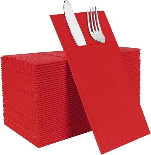 Lylllwly Servilletas de papel rojas desechables, servilletas de cena con bolsillo integrado para cubiertos, servilletas de tela, preplegadas para