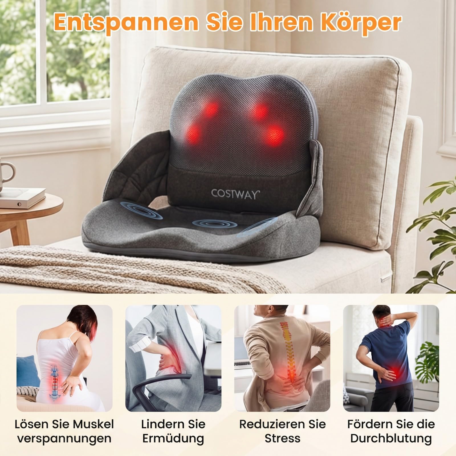 COSTWAY Massagesitzauflage mit Wärmefunktion, Vibration, Controller & Knetmassage, Faltbare Shiatsu Rückenmassagegerät für Rücken & Hüftstütze, Massagekissen Sitzkissen für Hause Büro