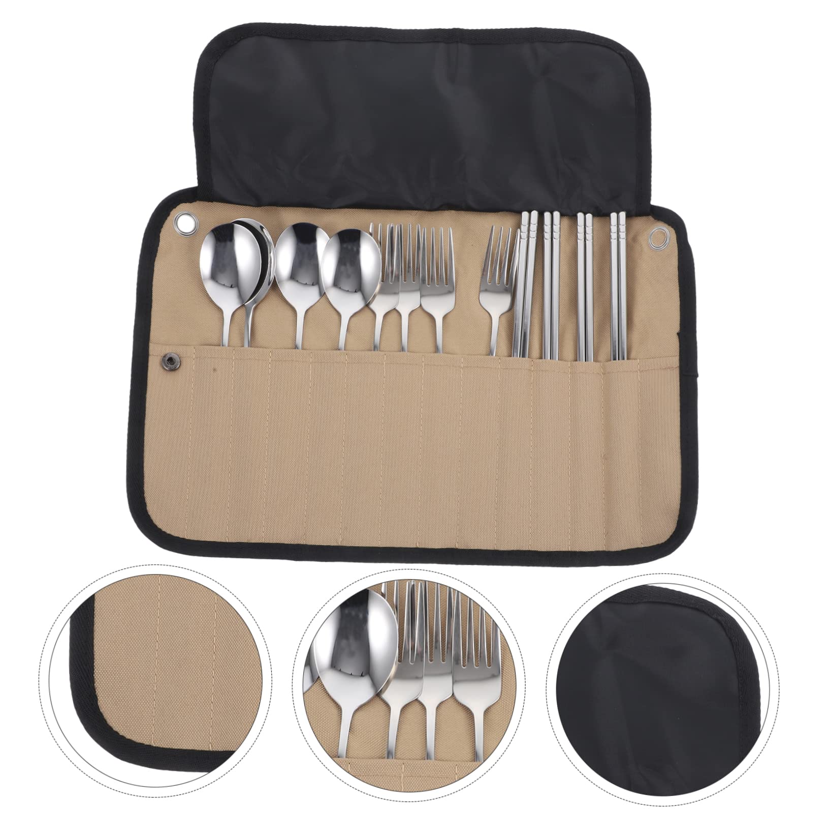 Set di Posate da Campeggio Portabile Coltello, Forchetta, Cucchiaio in Inossidabile, Borsa in Nailon per Picnic, Escursioni e Barbecue