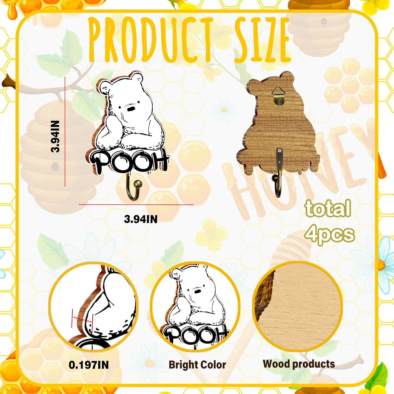 4Pcs Winnie Wooden Wall Hooks, Winnie Themed Baby Room Decor, Cute Towel Hanger Hooks for Hanging Clothes Robes Towels Coats image 2