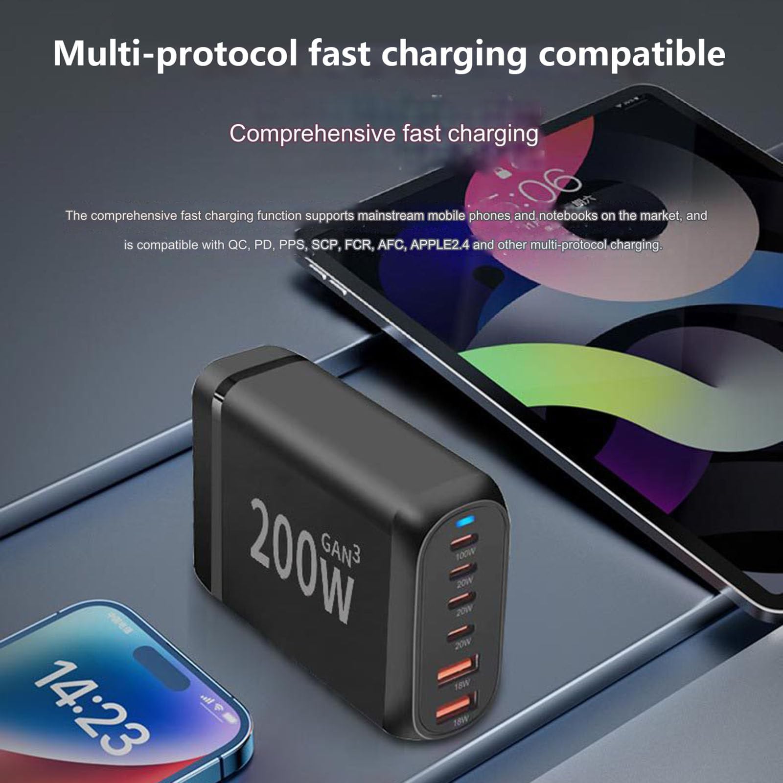 Cargador multipuerto de 200 W, cargador de escritorio USB de 6 puertos, cargador PD, cargador rápido 3,0, cargador USB móvil,White