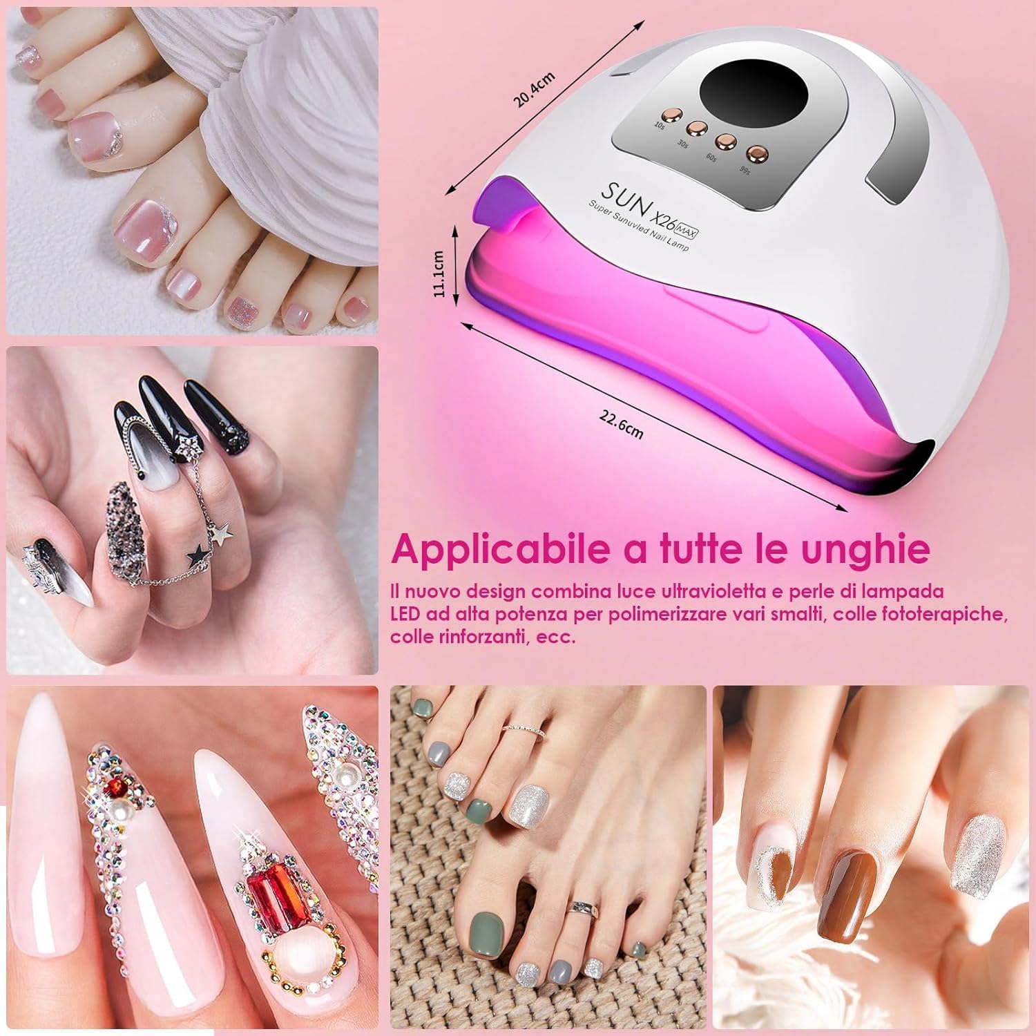Lampada Unghie Professionale SUN X26 Max 380W – UV/LED 42 Doppie Perle, Asciugatura Rapida, 4 Timer, Sensore Smart – Per Gel, Semipermanente, Ricostruzione – Manicure & Pedicure