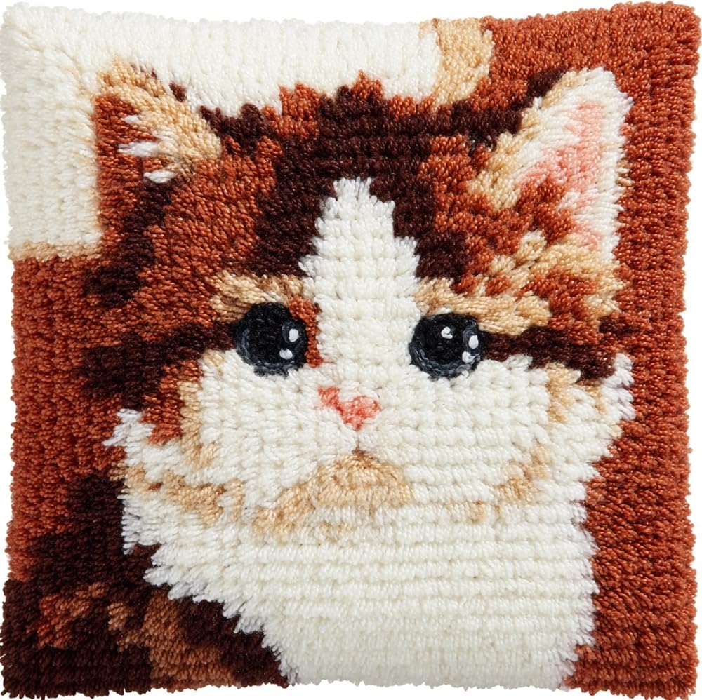 FWRTYCB Latch Hook Pillow Case Kits,Brown White Cat Scottish Latch Hook Ki