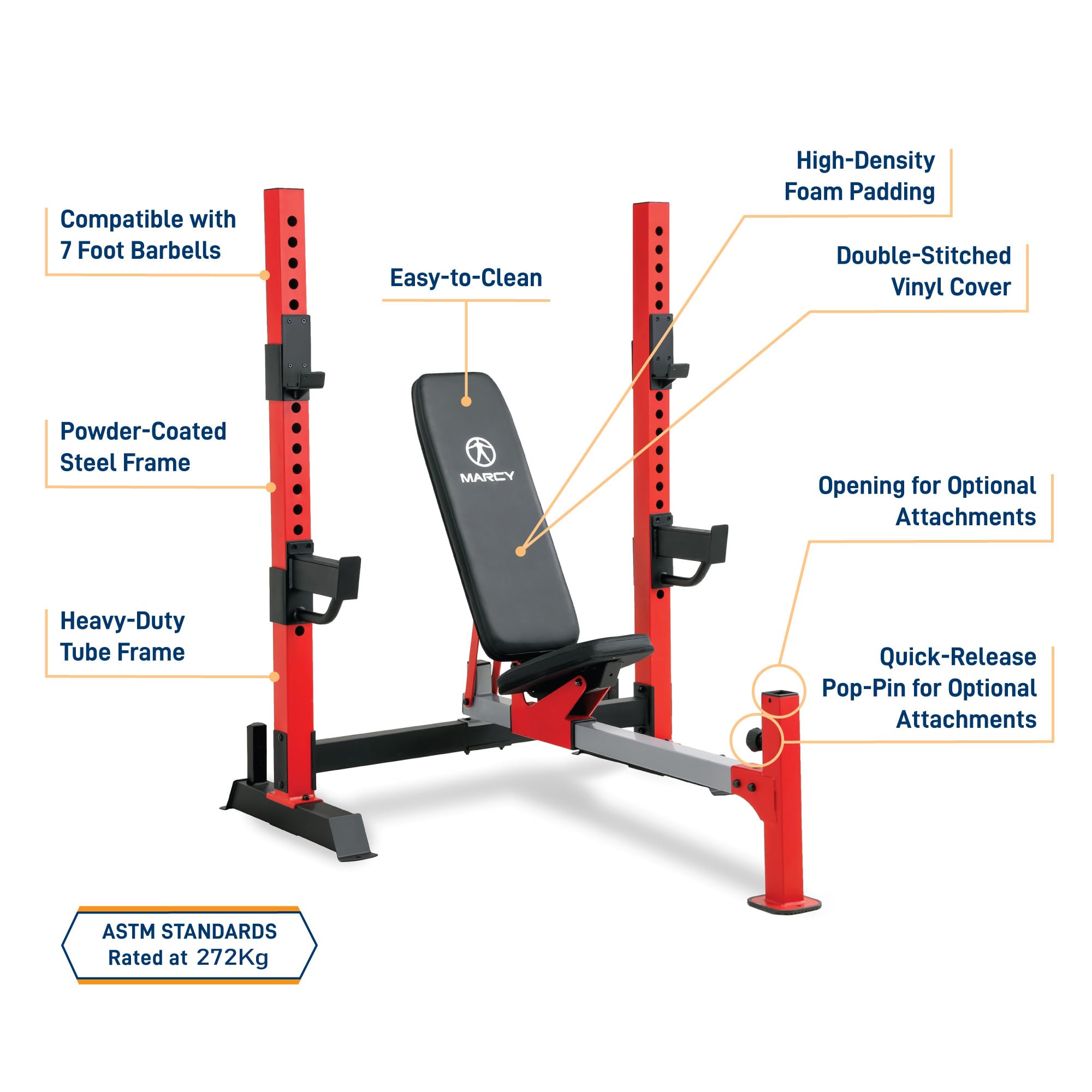 Deluxe Olympic Weight Bench with Adjustable Back & Bar Catch & Optional Arm Curl, Leg Developer, Lat Tower Attachments (Sold Separately), Personal Home Gym for Strength Training, Weightlifting