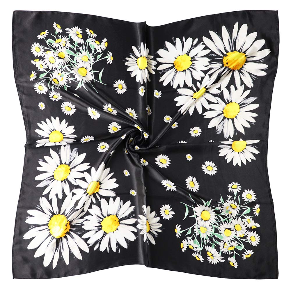 vabovin Women's 35" Satin Square Silk Like Hair Scarves and Wraps Headscarf for Sleeping (Black Daisies)
