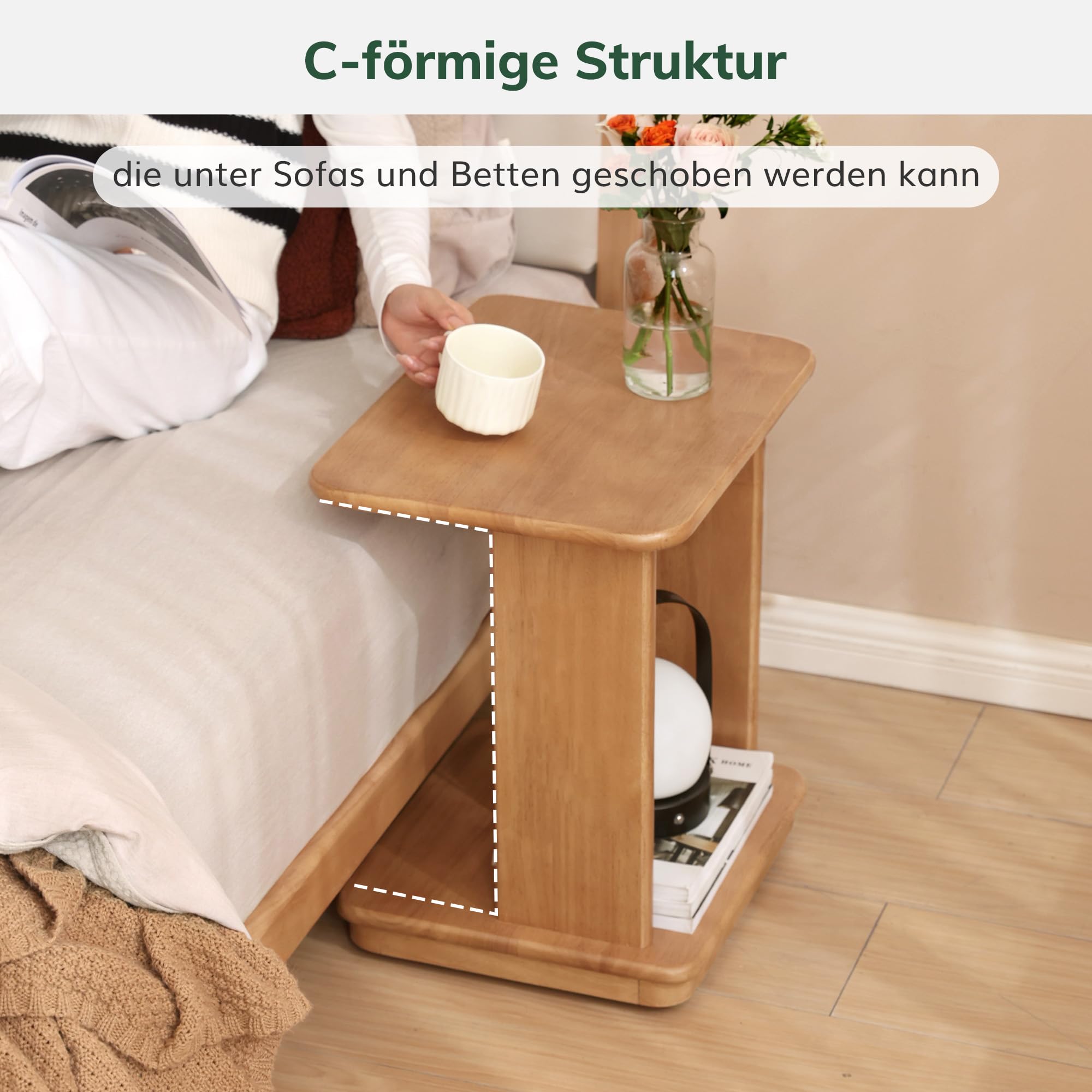 YESWOOD Beistelltisch Gummibaumholz mit Rollen 45x35x50 cm