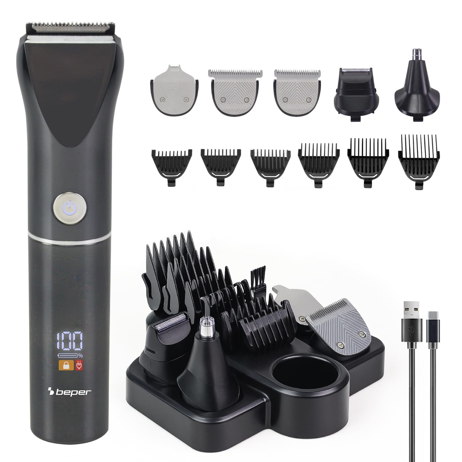 BEPER P304CAP050 Set Rifinitore Multifunzione TrimX 12 – Tagliacapelli, Regolabarba, Rifinitore Naso e Orecchie – 12 Accessori Inclusi, Lame in Acciaio, Display LED, USB-C Ricaricabile – 2h Autonomia