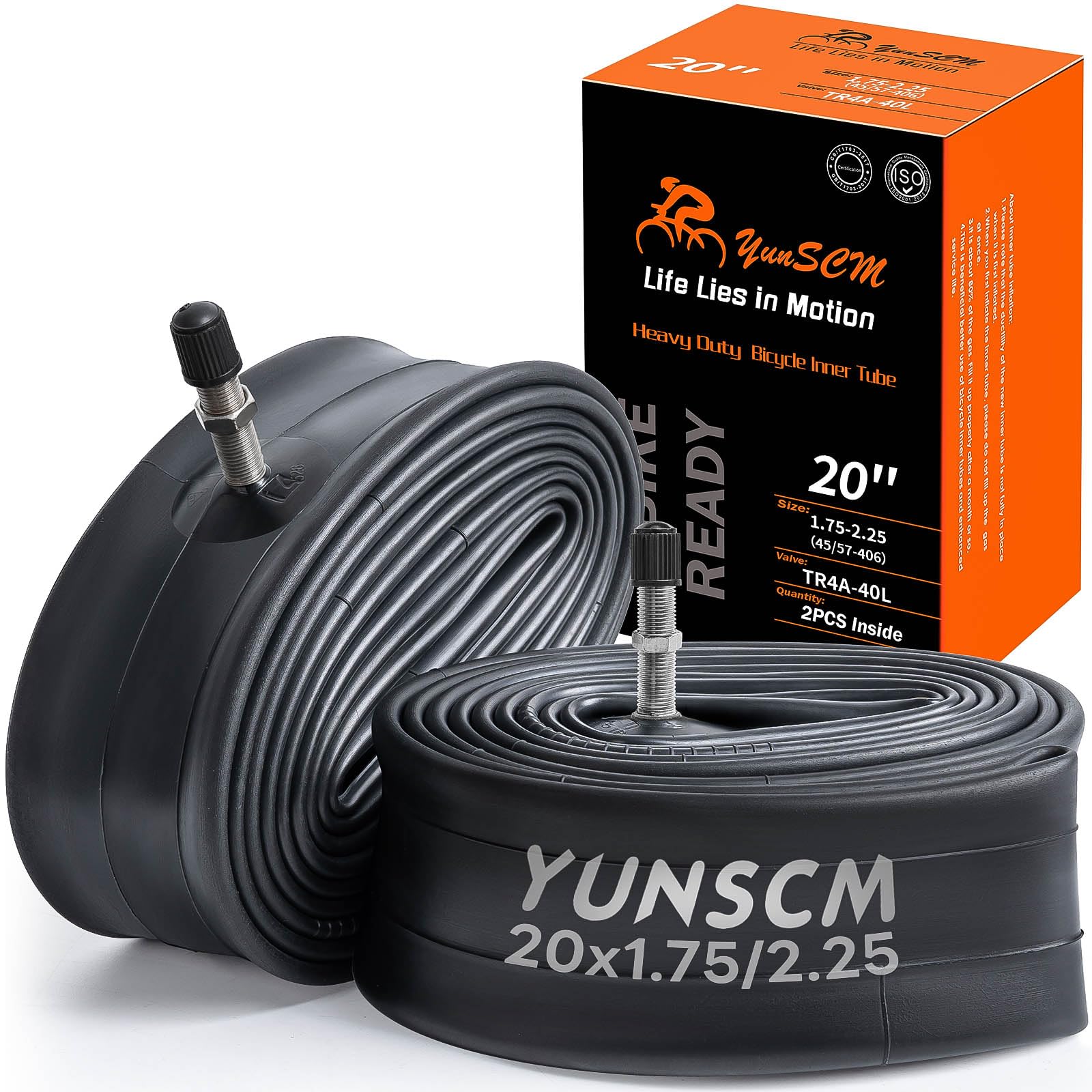 YunSCM 2-Pcs 20" Heavy Duty Bike Tubes 20x1.75/1.95/2.25 ETRTO 45/57-406 TR4A-40L Valve 20" Bicycle Inner Tube Compatible with 20x1.75 20x1.90 20x1.95 20x2.1 20x2.125 20x2.25 Mountain Bike Tyre Tube