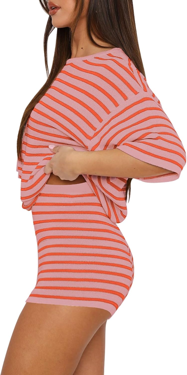 Yousify 2 Piece Sweater Set for Womens Summer Short Sleeve Tops Striped Matching Shorts Lounge Sets S-2XL - Image 3