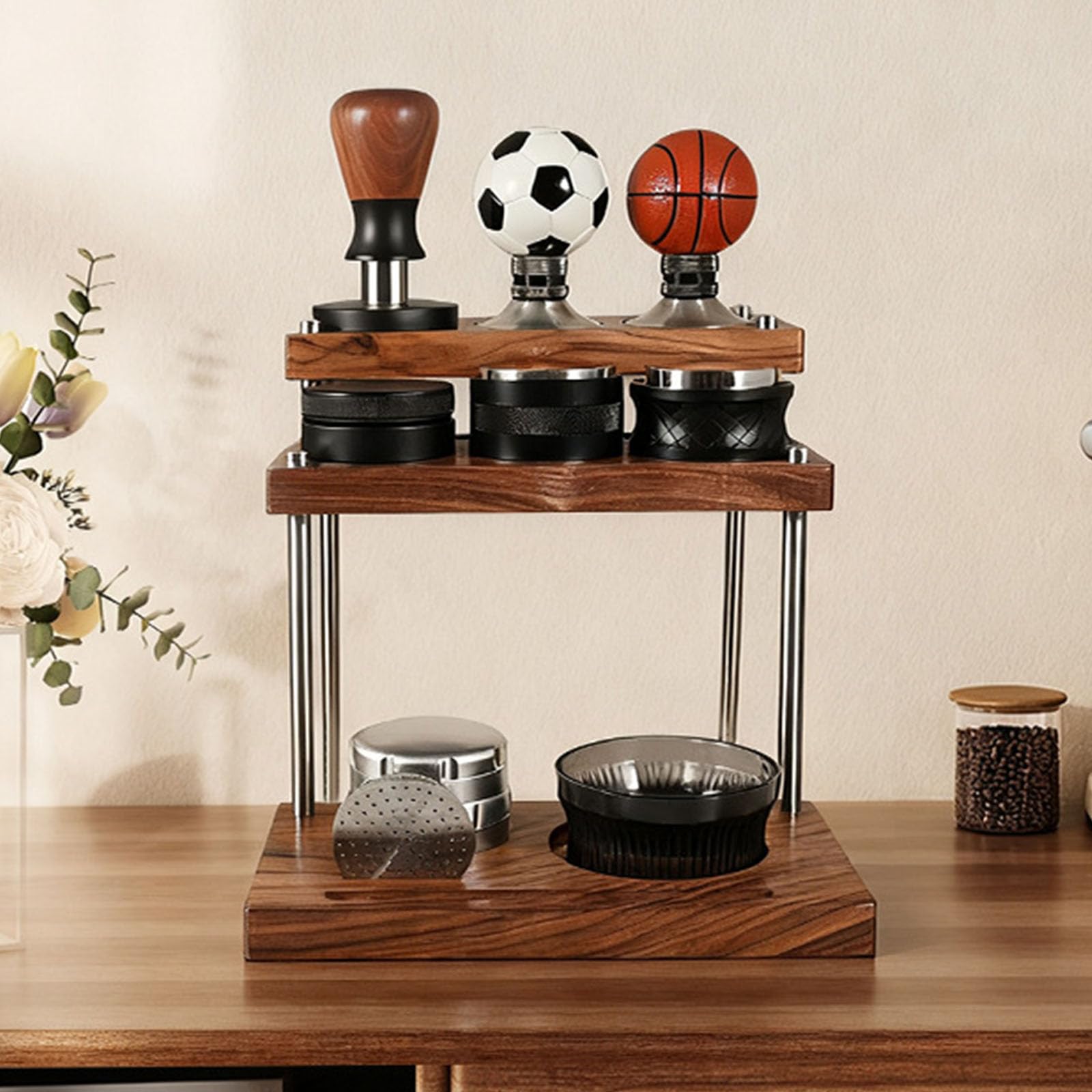 Espresso Tamper aus Holz, handgefertigtes Aufbewahrungsregal, Holz Aufbewahrungseinheit für Kaffeezubehör und Werkzeuge, Kaffee Tamper
