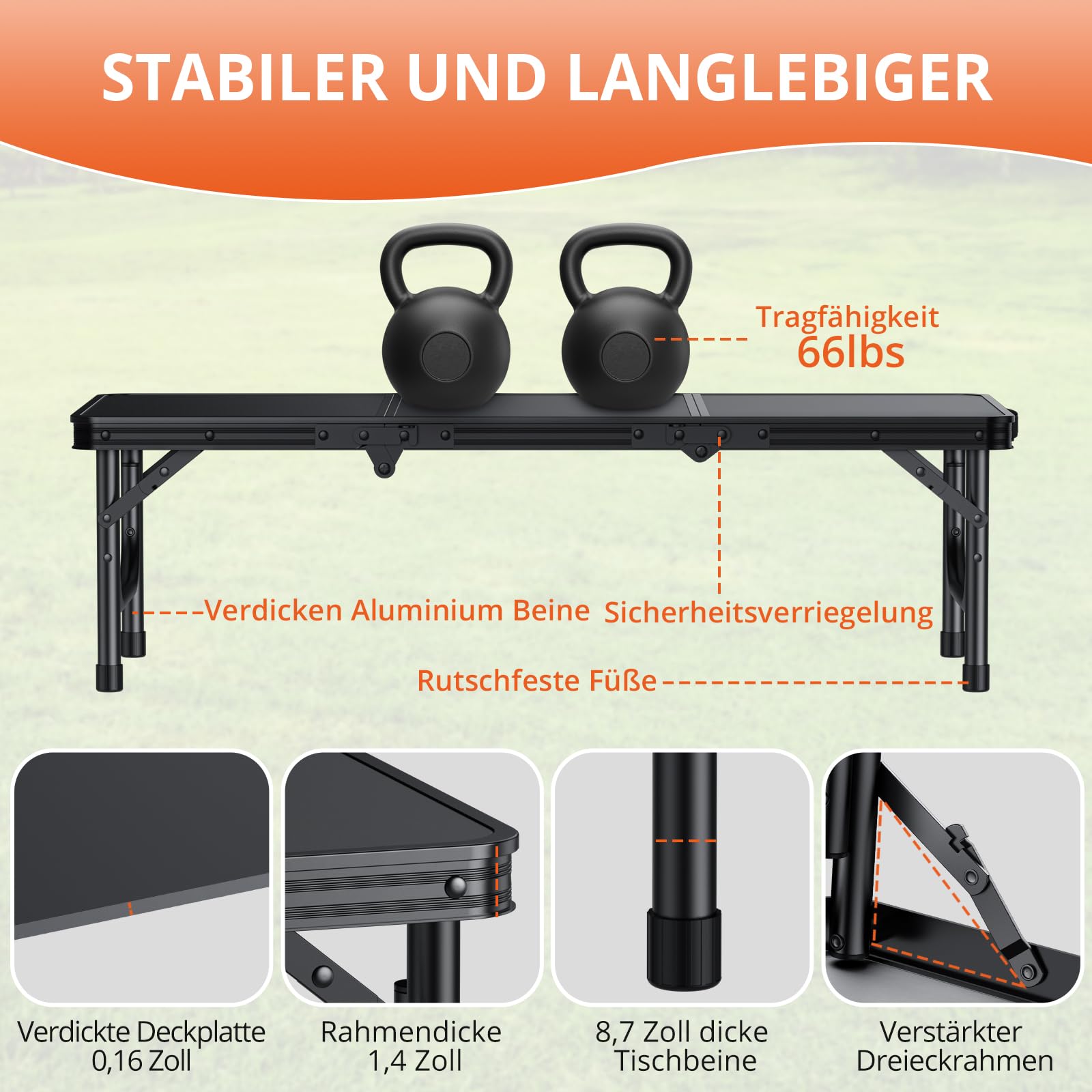 FUNYKICH 3ft Klappbarer Campingtisch 87x40x26cm, Kleiner Faltbarer Klapptisch mit Tragetasche, Aluminium Tragbar Falttisch, MDF Platten Multifunktionstisch für Picknick Camping Strand Balkon, Schwarz
