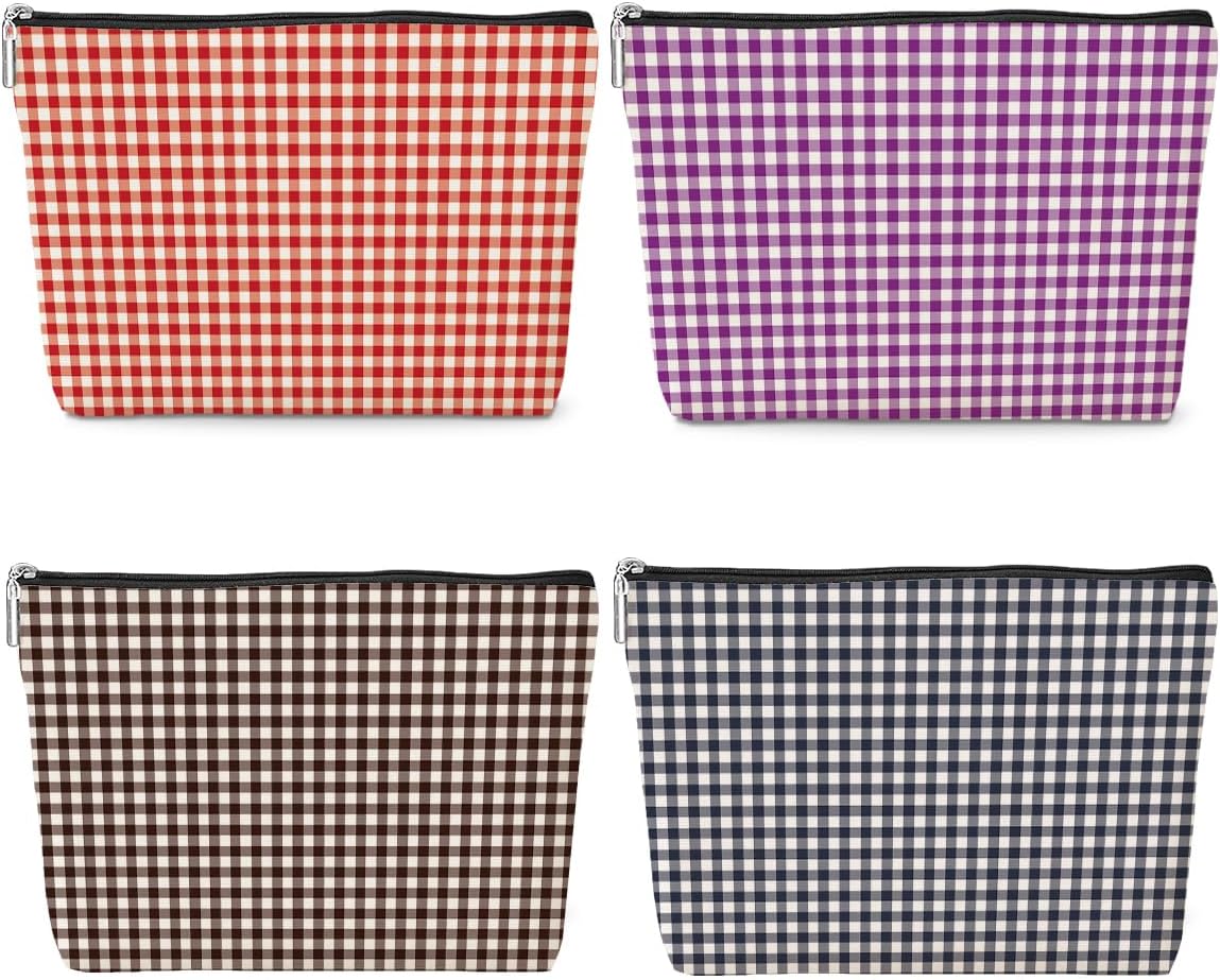 Gingham Makeup Bag,Plaid Checkered Cosmetic Bag,Cute Preppy Travel Toiletry Bags for Women Bridesmaid Bridal Shower Mothers Day Christmas Large Capacity Makeup Organizer with Zipper,4 Colors Available