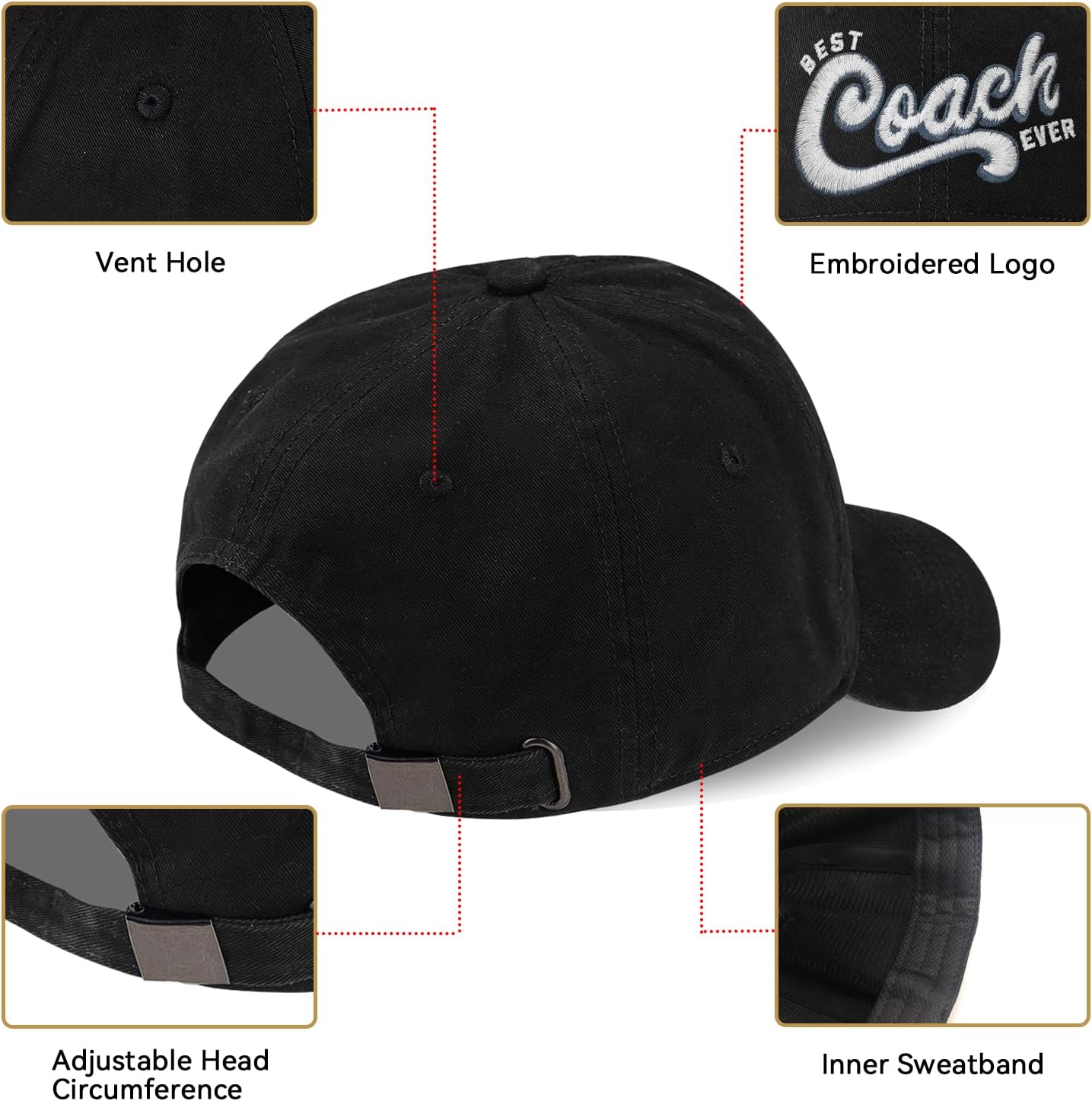 Baseball Coach Gifts, Coach Hats for Men Women, Embroidered Adjustable Basbeball Cap Black - Image 2