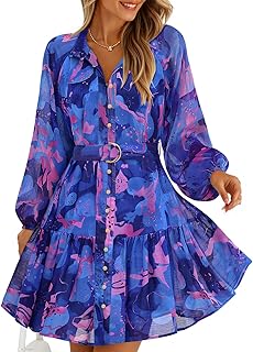 ZESICA Womens Spring Summer Floral Mini Dress Long Sleeve Button Chiffon A Line Swing Short Wedding Guest Party Dresses