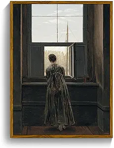 crmotu Framed Canvas Wall Art, Vintage Portrait Paintings Wall Decor, Woman by the Window Dark Art Prints, Retro Lady Back Pictures Rustic Farmhouse Home Decor Living Room Bedroom Bathroom 12x16in