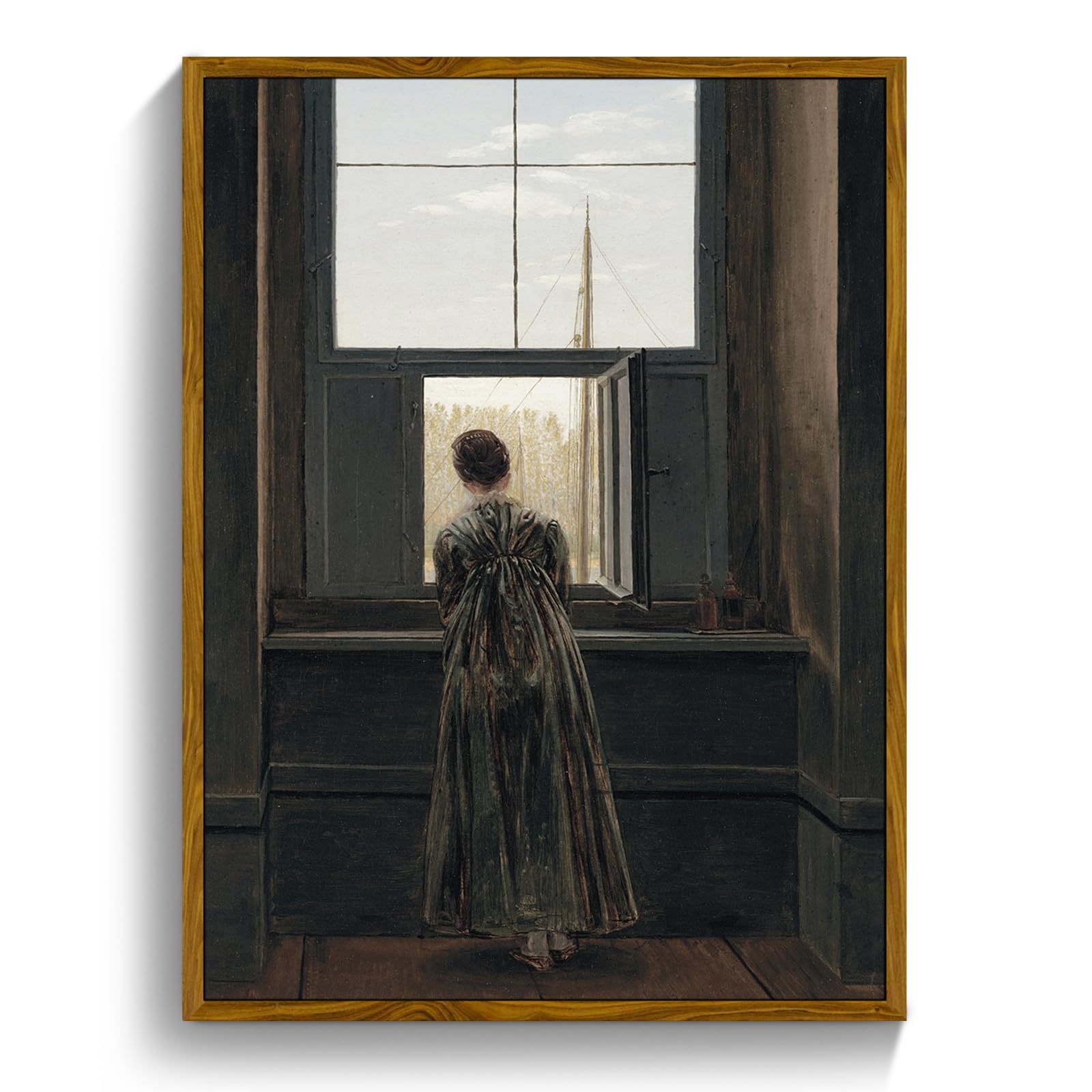 crmotu Framed Canvas Wall Art, Vintage Portrait Paintings Wall Decor, Woman by the Window Dark Art Prints, Retro Lady Back Pictures Rustic Farmhouse Home Decor Living Room Bedroom Bathroom 16x24in