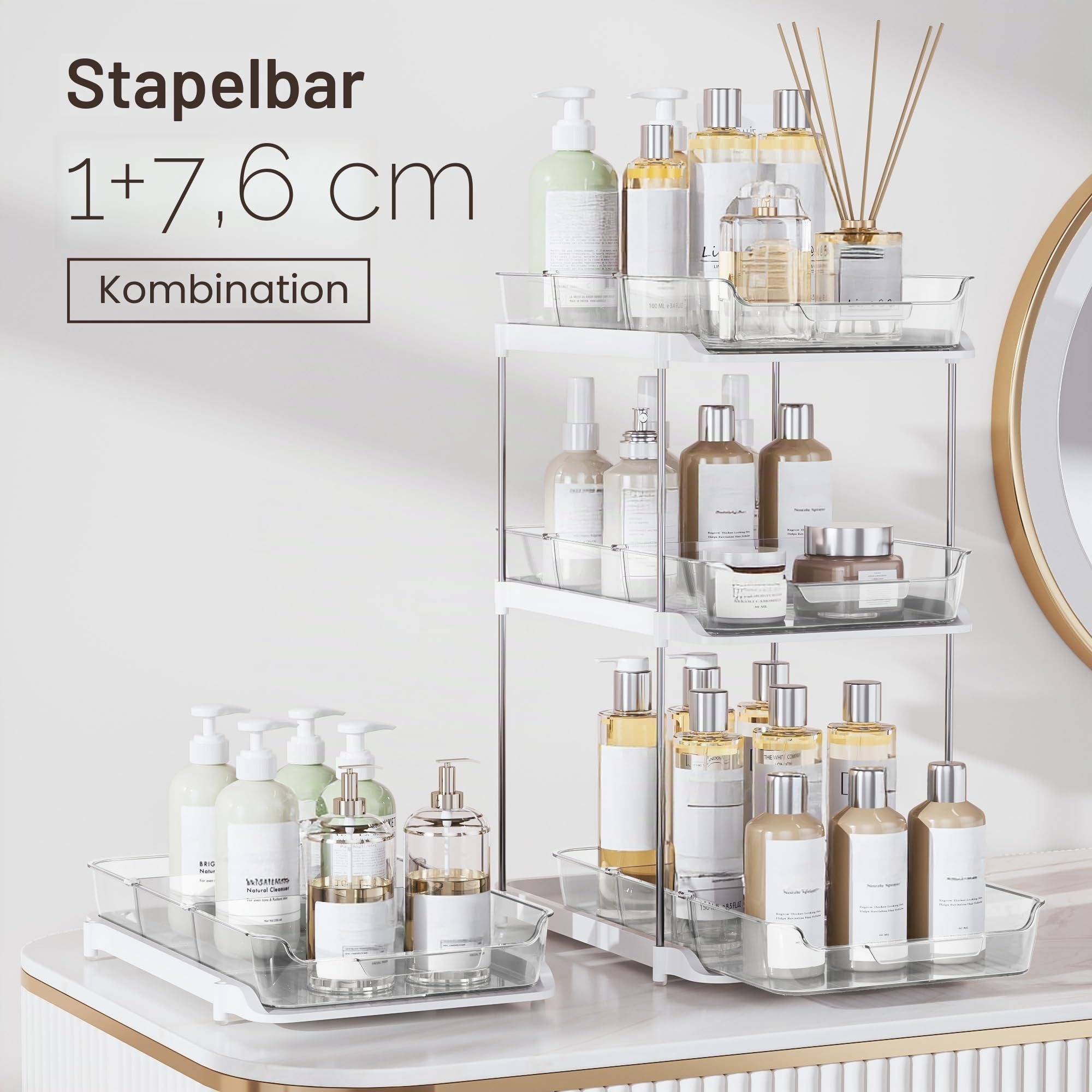 Delamu Küchen Organizer, Unter Waschbecken Regal, 2 Stück 2 Etagen Spülschrank Organizer, Multifunktional für Küche & Badezimmer, ausziehbar aus Acryl, Weiß