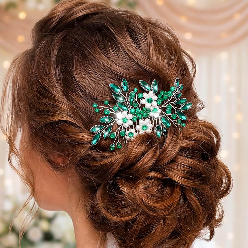 Campsis Green Rhinestone Hair Comb Crystal Hair Piece Wedding Hair Accessories for Women and Bridal