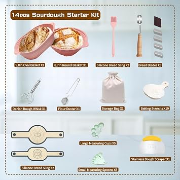 Sourdough Proofing Basket 14PCS Kit, Round and Oval Bread Making Set | Natural Rattan, Ideal for Home Bakers and Beginners, Includes Whisk, Lame and Accessories for Perfect Sourdough Bread